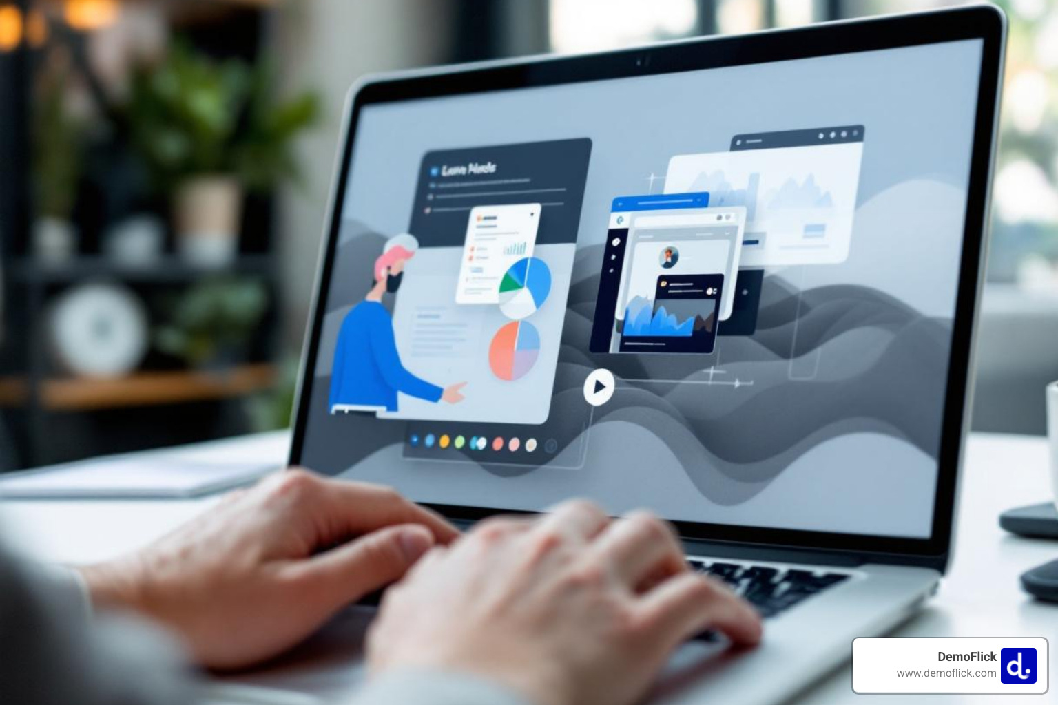 A polished SaaS product demo video playing on a laptop screen, showcasing clarity and user-friendliness - Corporate communications videos A polished SaaS product demo video playing on a laptop screen, showcasing clarity and user-friendliness - Corporate communications videos