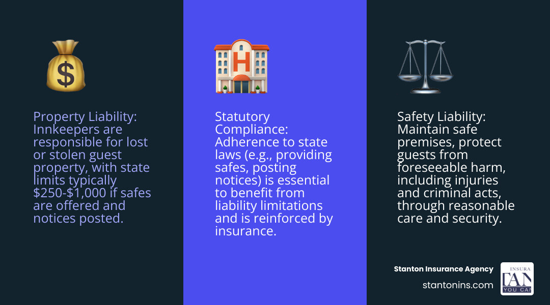 Infographic showing the three pillars of innkeeper's legal liability: 1) Guest Property Protection - with duty to provide safes and post notices, typical limits $250-$1,000; 2) Guest Safety - duty of reasonable care for premises, security, and fire safety; 3) Statutory Compliance - meeting state requirements to benefit from liability limitations, backed by innkeeper's liability insurance coverage - innkeepers legal liability infographic 3_facts_emoji_blue