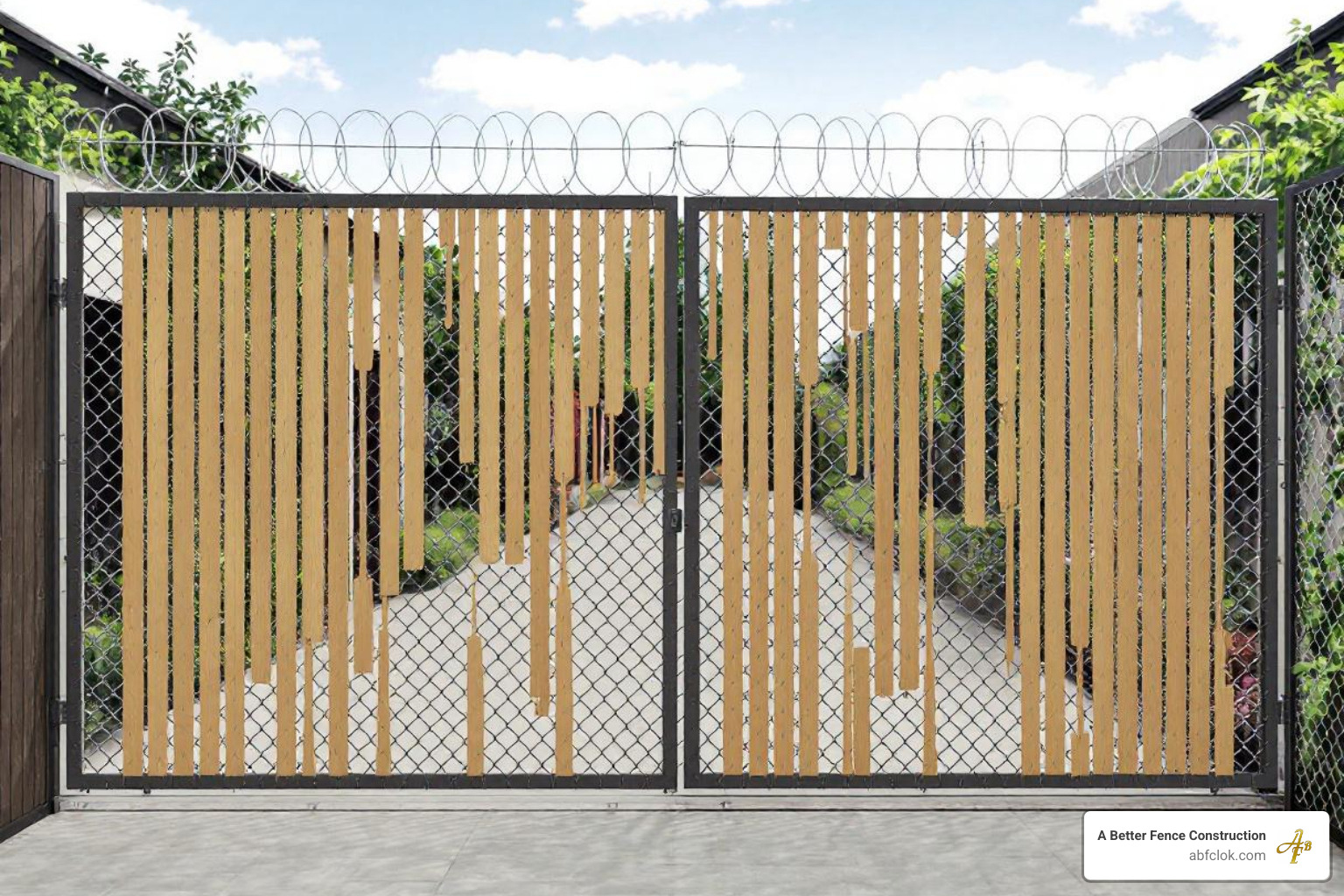 Tall 16 ft chain link rolling gate with barbwire and privacy slats - 16 ft chain link rolling gate Tall 16 ft chain link rolling gate with barbwire and privacy slats - 16 ft chain link rolling gate