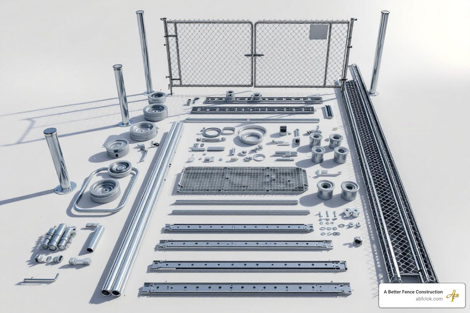 Components of a rolling gate kit - 16 ft chain link rolling gate Components of a rolling gate kit - 16 ft chain link rolling gate
