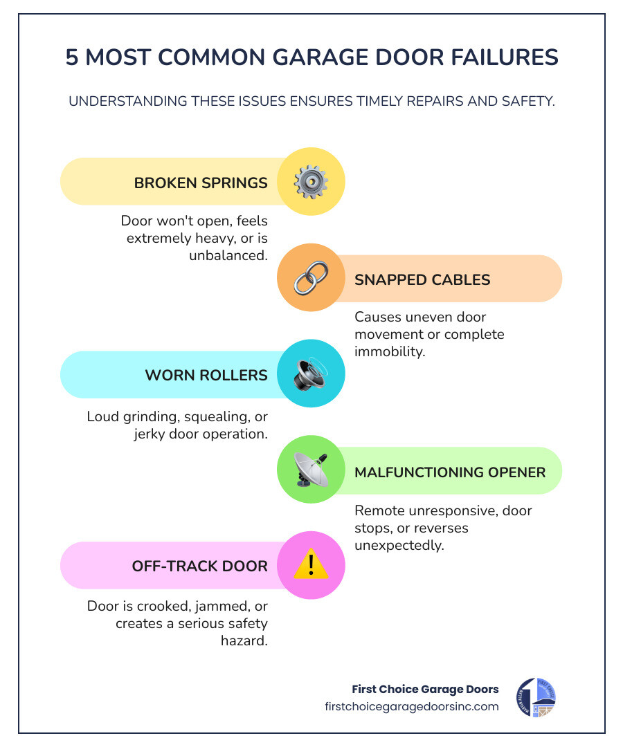infographic showing the 5 most common garage door failures: broken torsion springs causing door to not open, snapped cables creating uneven door movement, worn rollers causing loud grinding noises, malfunctioning opener with unresponsive remote, and off-track door creating safety hazards - garage door repair company in exton, pa infographic infographic-line-5-steps-colors