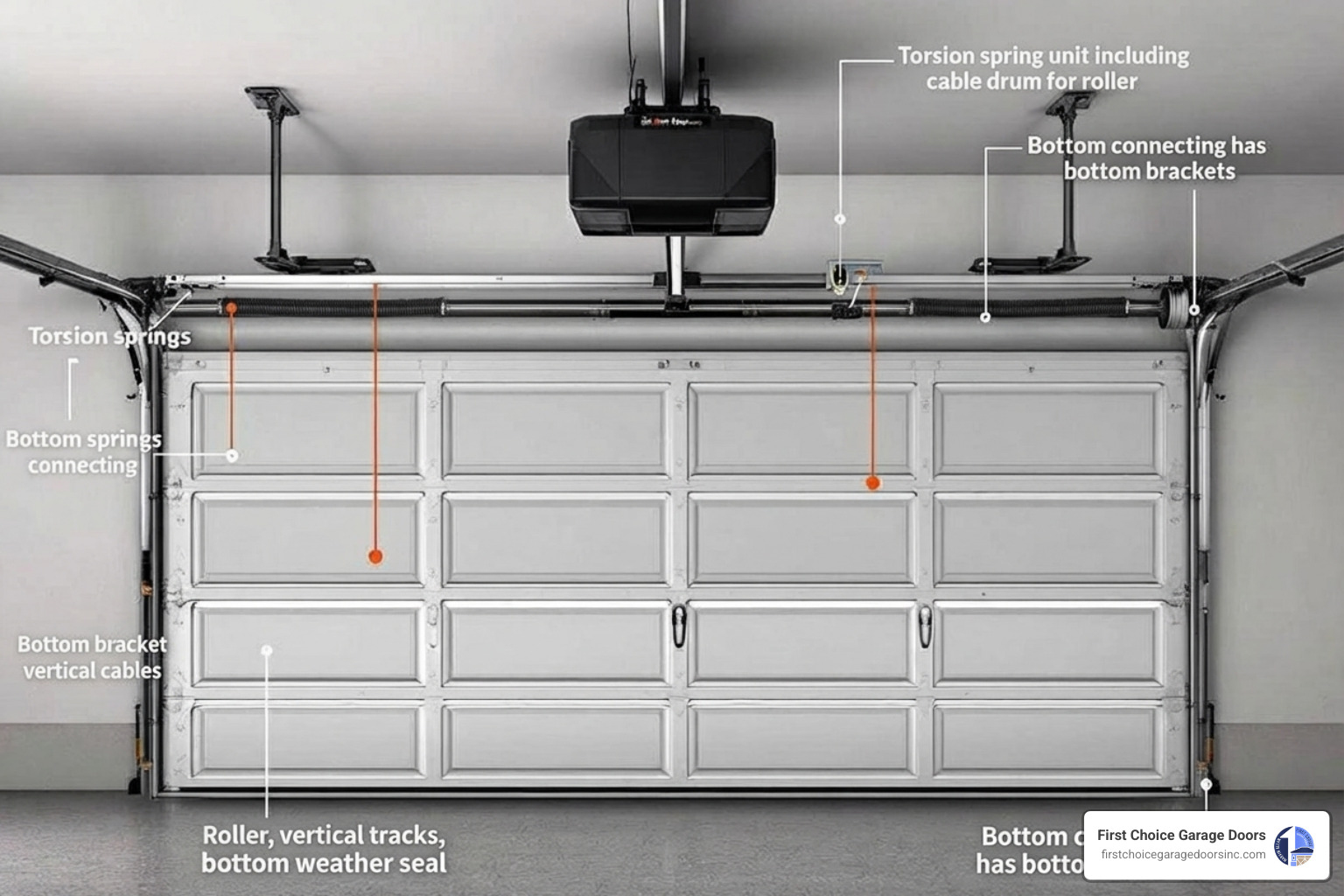 Infographic showing the anatomy of a residential garage door system, including labeled components: torsion springs mounted above the door, extension springs on the sides, steel cables running from drums to bottom brackets, nylon or steel rollers in vertical tracks, hinges connecting door sections, weather seal at the bottom, and an opener unit mounted to the ceiling with a rail and trolley system - garage door repair in exton pa
