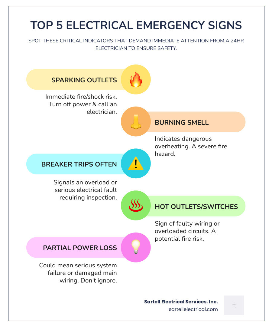 Infographic showing the top 5 signs of an electrical emergency: 1. Sparking or smoking outlets with flames icon, 2. Burning smell from electrical panel with smoke icon, 3. Circuit breakers tripping repeatedly with breaker switch icon, 4. Hot outlets or switches with thermometer icon, 5. Exposed or damaged wiring with frayed wire icon. Each sign includes a brief description of the risk and instruction to call immediately. - 24hr electrician near me infographic infographic-line-5-steps-colors