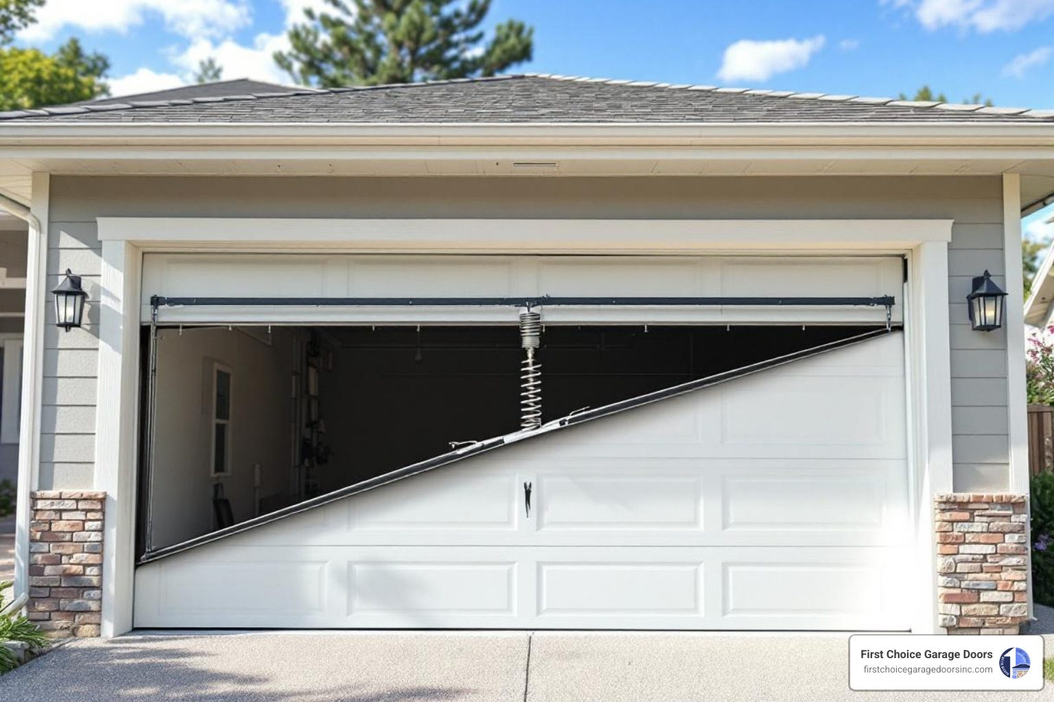 Infographic showing five types of garage door emergencies: broken spring with visible gap, door stuck halfway open, snapped cable hanging loose, door off track at an angle, and opener motor sparking or smoking, with safety warnings and immediate action steps for each scenario - emergency garage door maintenance in columbia, md Infographic showing five types of garage door emergencies: broken spring with visible gap, door stuck halfway open, snapped cable hanging loose, door off track at an angle, and opener motor sparking or smoking, with safety warnings and immediate action steps for each scenario - emergency garage door maintenance in columbia, md