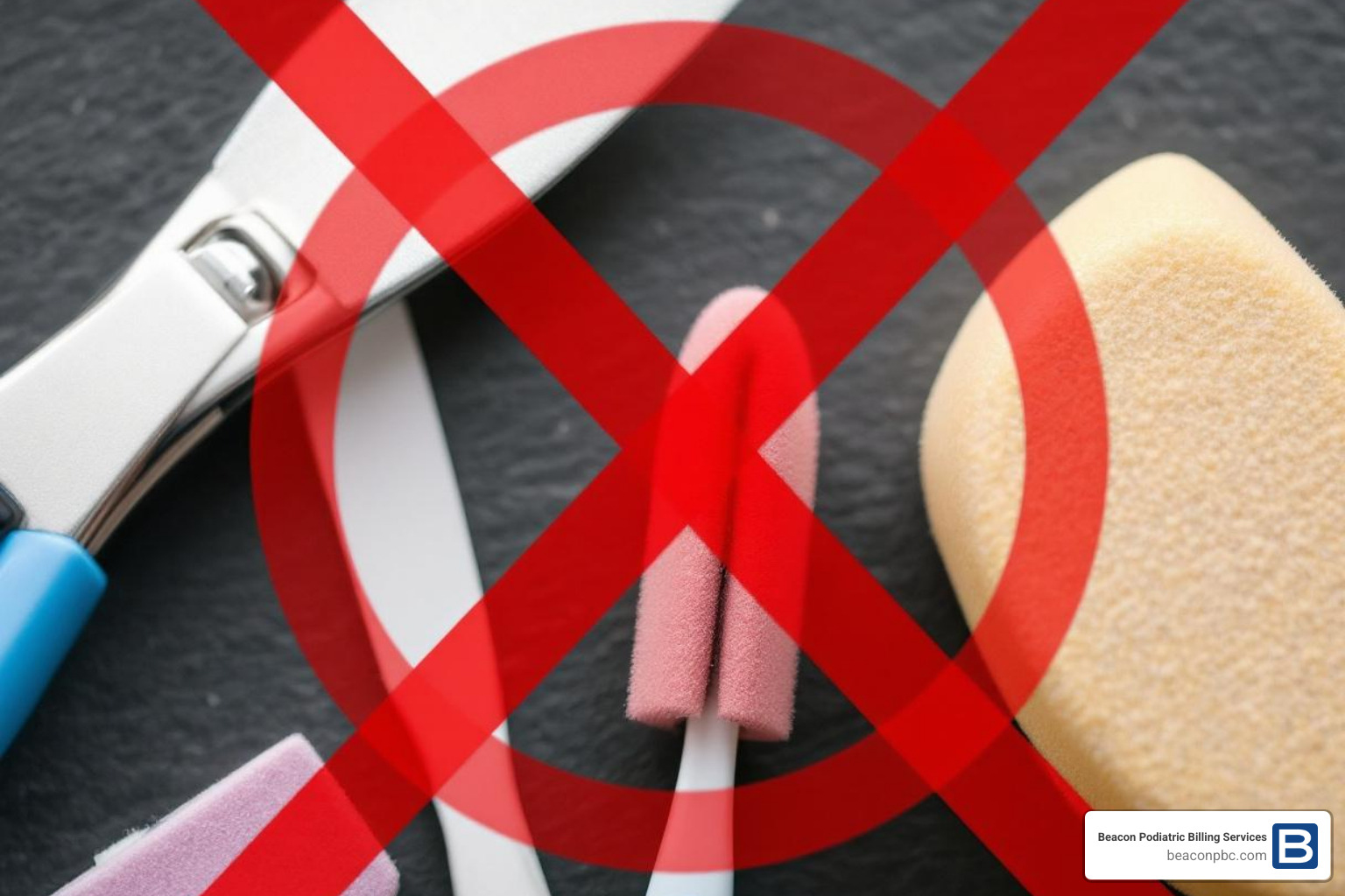 Image of common foot care tools like nail clippers and files with a red X over them - how often does medicare pay for podiatry