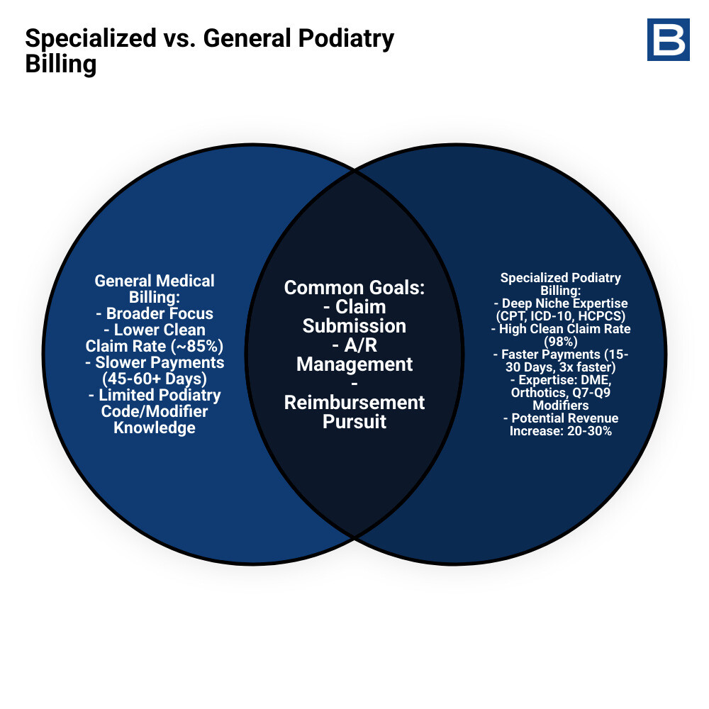 Infographic showing the key differences between general medical billing and specialized podiatry billing services: specialized services offer podiatry-specific certified coders, 98% clean claim rates vs 85% for general services, expertise in DME and orthotics billing, knowledge of Medicare routine foot care modifiers Q7-Q9, faster payment cycles of 15-30 days vs 45-60 days, and revenue increases of 20-30% through proper coding and denial prevention - podiatry billing service infographic venn_diagram