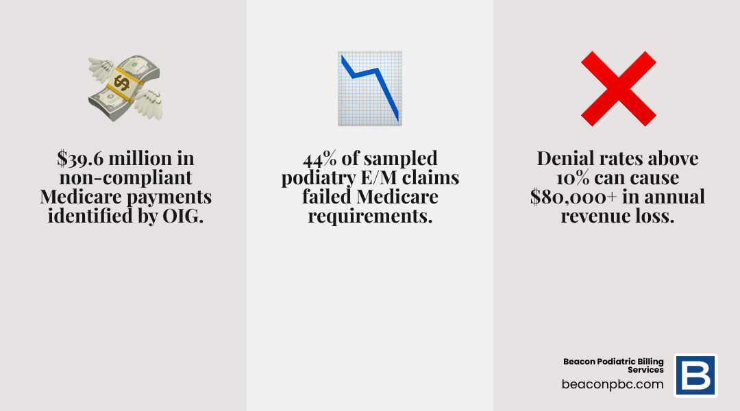 infographic showing the financial impact of podiatry billing errors, featuring a large "$39.6 million in non-compliant Medicare payments" statistic, "$80,000-$120,000 annual revenue loss from 10%+ denial rates", "49% of sampled claims were noncompliant", and "20-25% higher first-pass claim acceptance with specialized billing services" - Podiatry billing audit infographic 3_facts_emoji_grey