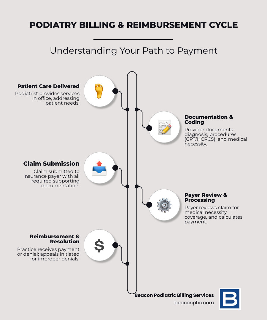 Infographic showing the podiatry billing and reimbursement cycle: 1) Patient receives podiatry service in office, 2) Provider documents diagnosis and procedure with proper CPT/HCPCS codes, 3) Claim submitted to insurance payer with supporting documentation, 4) Payer reviews claim for medical necessity and coverage, 5) Payment processed based on fee schedule (RVUs × Conversion Factor × GPCI for Medicare), 6) Provider receives reimbursement or denial with reason codes, 7) Denied claims require additional documentation or appeal - podiatry reimbursement rates infographic infographic-line-5-steps-elegant_beige
