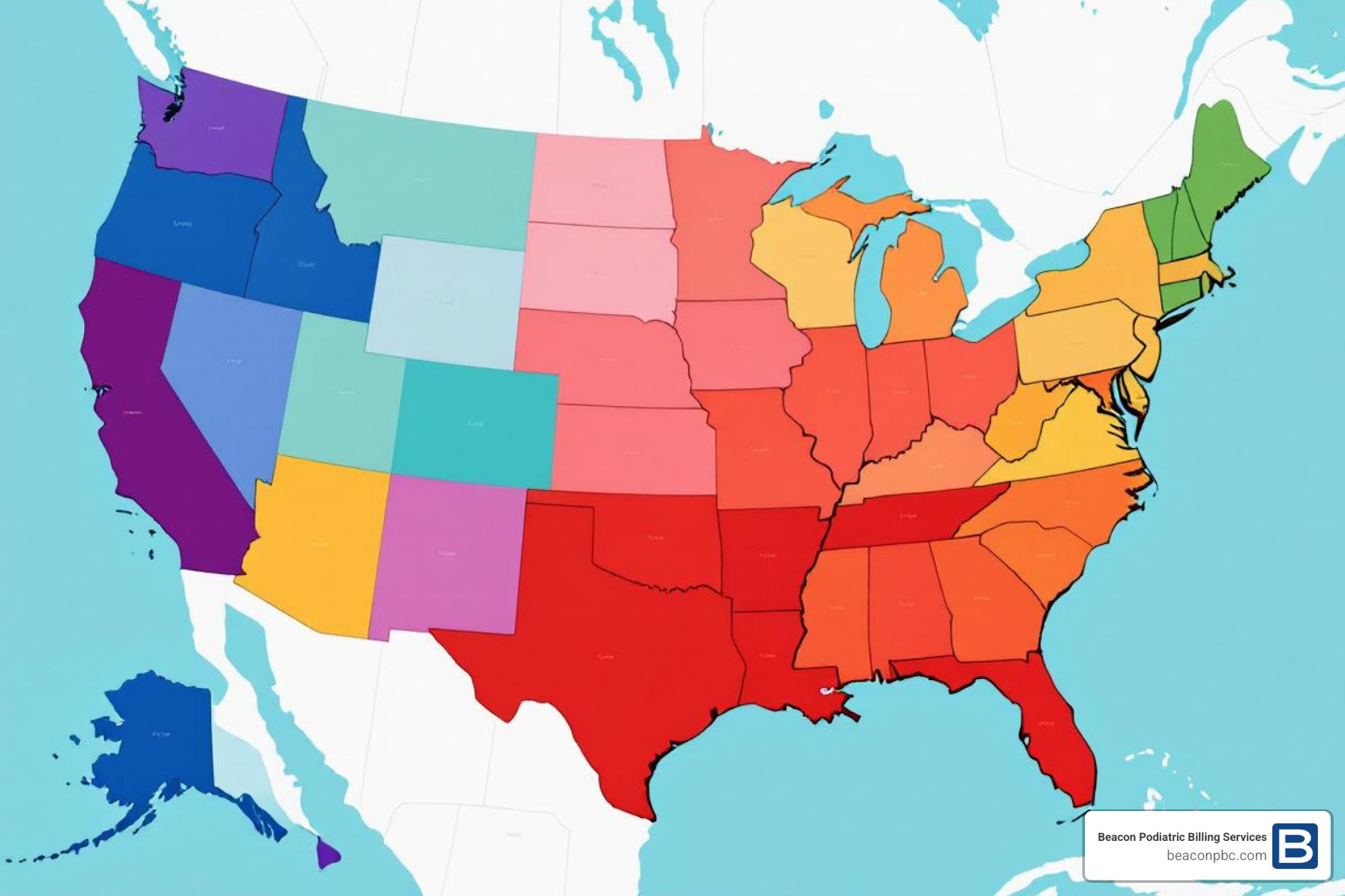 map of the United States with different color-coded regions representing GPCI variations - podiatry reimbursement rates