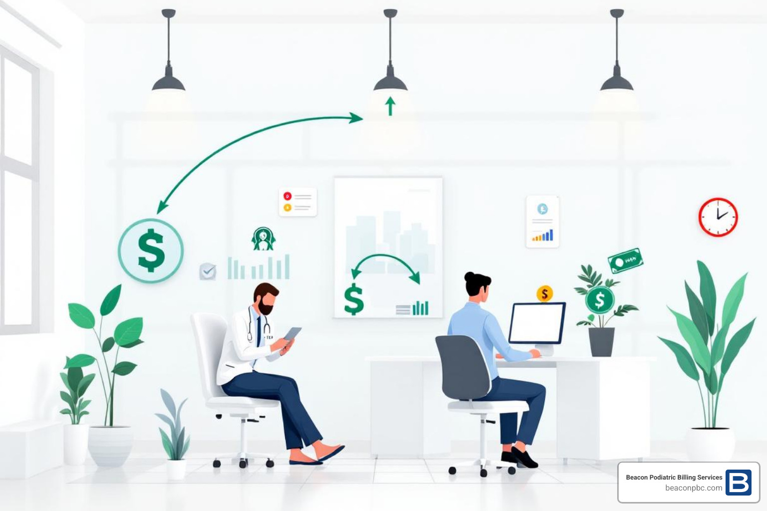 A flowchart showing the podiatry billing workflow: Patient check-in → Insurance Verification → Clinical Exam & Treatment → Documentation (SOAP) → CPT/ICD-10/HCPCS Coding → Claim Scrubbing → Claim Submission → Payer Processing → Payment/EOB/Denial → A/R Follow-up & Appeals - podiatry CPT codes