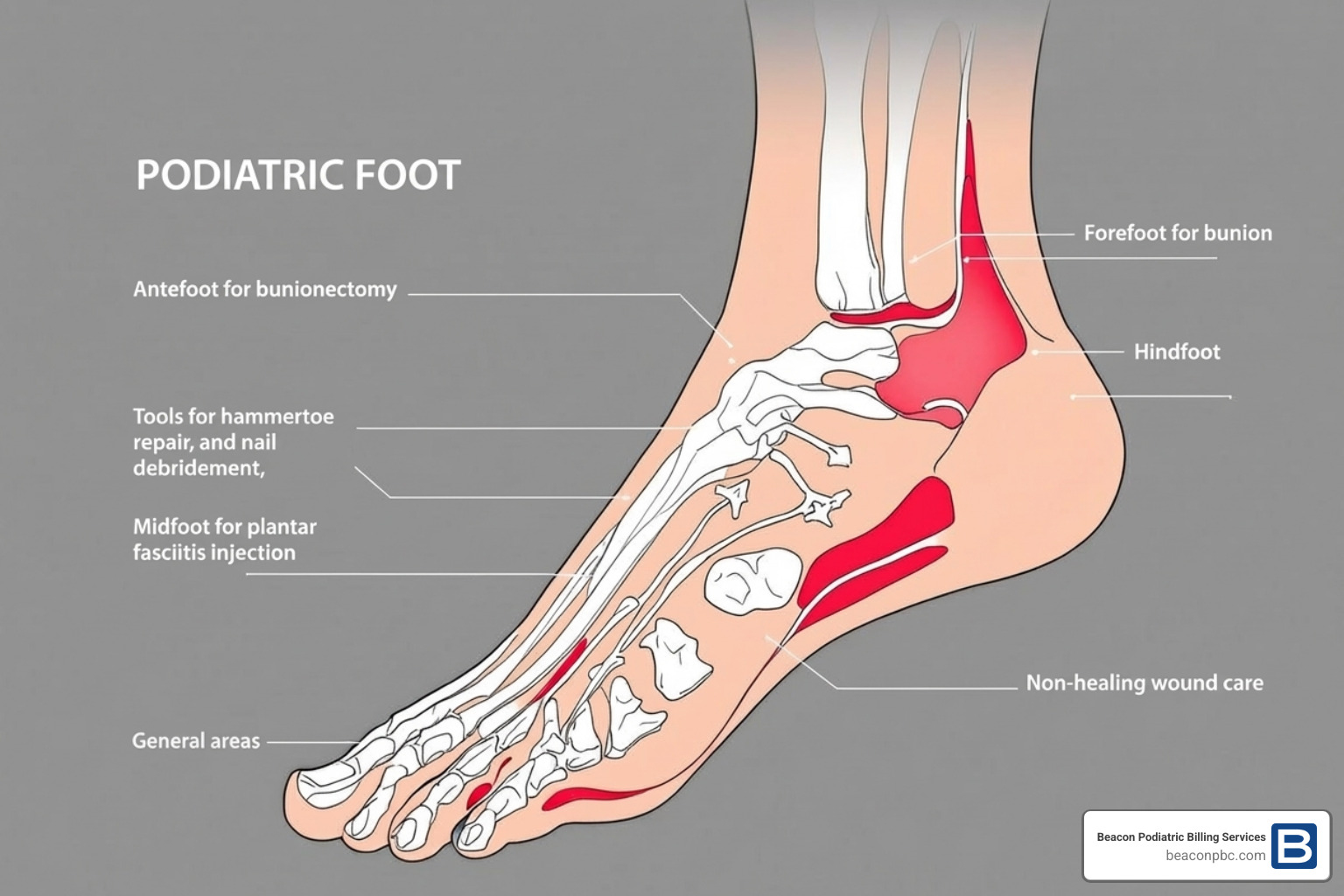 A foot diagram showing different anatomical areas: toes, forefoot, midfoot, hindfoot, and ankle, with labels for common procedures like bunionectomy (forefoot), hammertoe repair (toes), plantar fasciitis injection (midfoot), nail debridement (toes), and wound care (various locations) - podiatry CPT codes