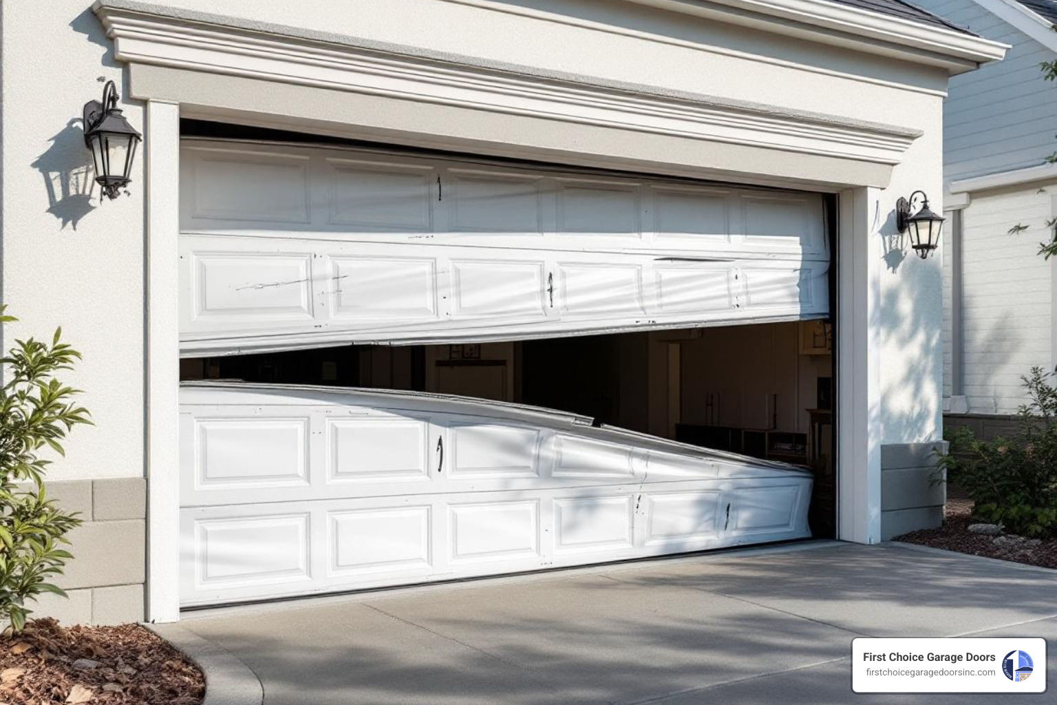 Infographic showing the 5 critical signs you need immediate garage door service: 1) Loud bang or popping sound indicating a broken spring, 2) Door hangs crooked or uneven suggesting cable failure, 3) Door won't open or close completely pointing to opener or track issues, 4) Visible gaps or damage compromising security, 5) Unusual grinding or scraping noises warning of mechanical failure - 24 hour garage door maintenance in manassas, va