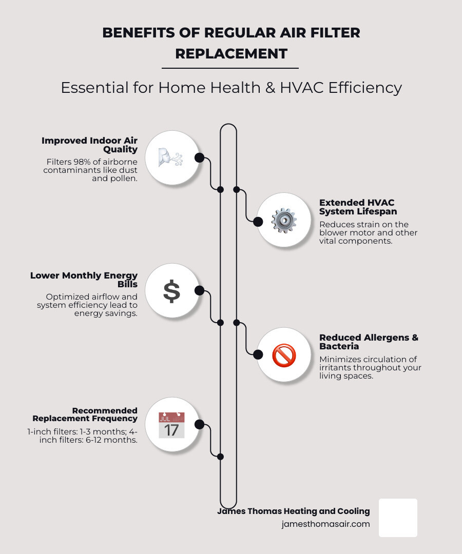 Infographic showing the benefits of regular air filter replacement: improved indoor air quality with 98% reduction in airborne contaminants including pollen and dust, extended HVAC system lifespan by preventing strain on the blower motor and other components, lower monthly energy bills from optimized airflow and system efficiency, reduced allergens and bacteria circulation throughout the home, and recommended replacement schedules of 1-3 months for 1-inch filters and 6-12 months for 4-inch filters - air filter installation infographic infographic-line-5-steps-elegant_beige