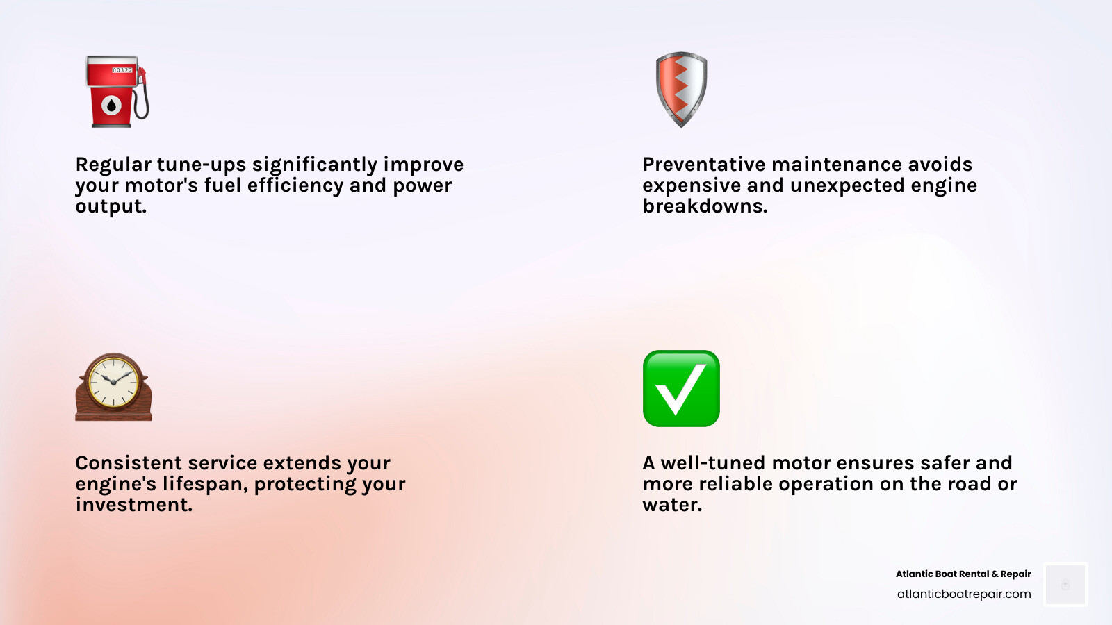 Infographic showing the core benefits of regular motor tune-ups: improved fuel economy with a fuel gauge icon, enhanced reliability with a checkmark and engine icon, extended engine life with a clock and motor symbol, prevention of costly repairs shown by a crossed-out dollar sign, and better performance illustrated by a speedometer - service tune up motor infographic 4_facts_emoji_light-gradient