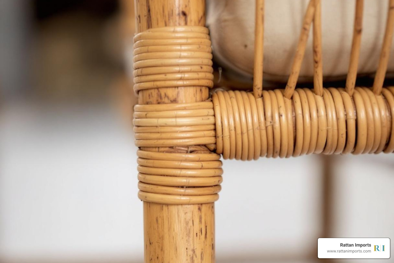 Close-up of the hand-wrapped joinery on a vintage rattan chair - vintage rattan dining set