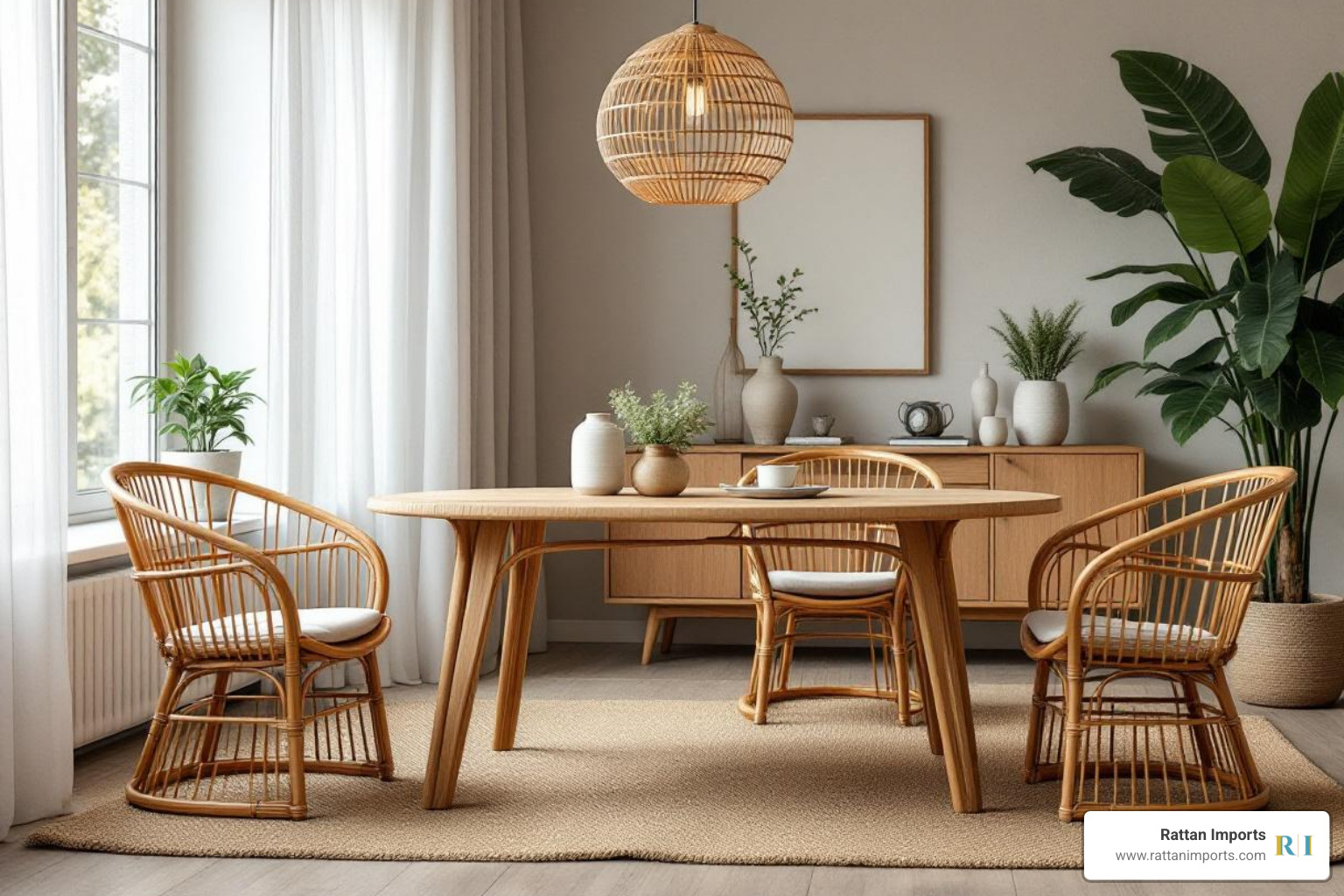 Mid-Century Modern rattan dining set with distinctive curved lines - vintage rattan dining set