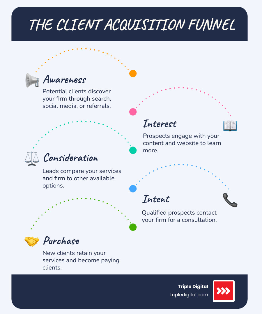 Infographic showing the client acquisition funnel for law firms, with five stages flowing from top to bottom: Brand Awareness (potential clients discover your firm through search, social media, or referrals), Interest (prospects engage with your content and website), Consideration (leads compare your services to other options), Intent (qualified prospects contact your firm for consultation), and Purchase (new clients retain your services). Each stage shows decreasing numbers of prospects but increasing quality of leads. - Client acquisition strategies infographic infographic-line-5-steps-blues-accent_colors Infographic showing the client acquisition funnel for law firms, with five stages flowing from top to bottom: Brand Awareness (potential clients discover your firm through search, social media, or referrals), Interest (prospects engage with your content and website), Consideration (leads compare your services to other options), Intent (qualified prospects contact your firm for consultation), and Purchase (new clients retain your services). Each stage shows decreasing numbers of prospects but increasing quality of leads. - Client acquisition strategies infographic infographic-line-5-steps-blues-accent_colors