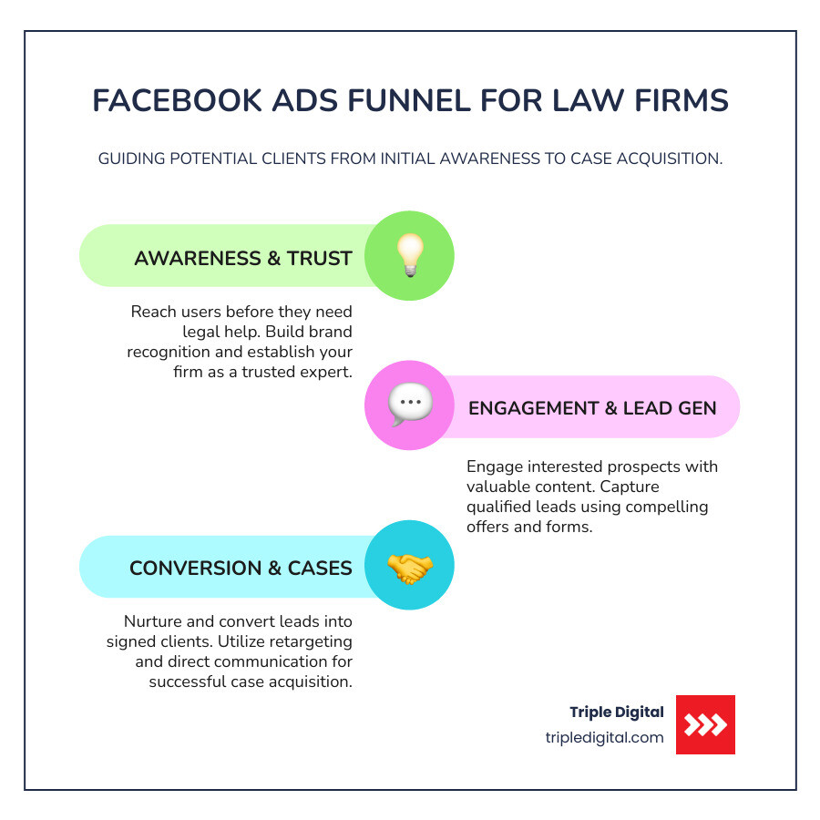 infographic showing Facebook ads funnel for law firms from awareness stage through interest and consideration to lead generation and case acquisition with targeting strategies and ad formats for each stage - Facebook Ads for lawyers infographic infographic-line-3-steps-colors