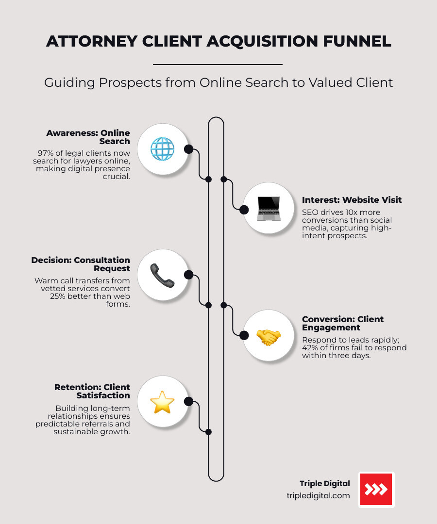 infographic showing the attorney lead generation funnel from online search awareness through website visit interest, consultation request decision, to client retention action, with conversion metrics and response time requirements at each stage - Attorney lead generation services infographic infographic-line-5-steps-elegant_beige infographic showing the attorney lead generation funnel from online search awareness through website visit interest, consultation request decision, to client retention action, with conversion metrics and response time requirements at each stage - Attorney lead generation services infographic infographic-line-5-steps-elegant_beige