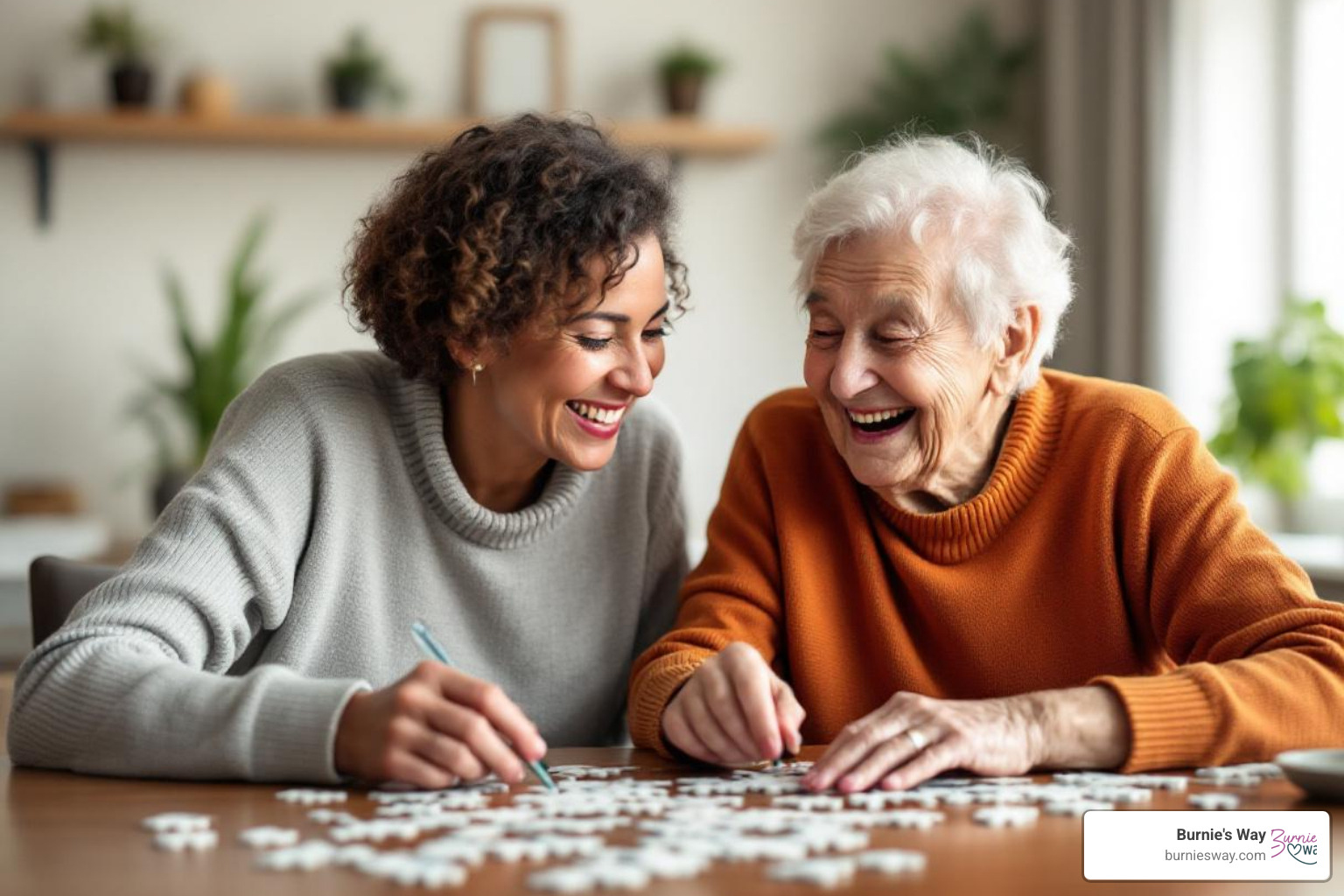support companion and client sharing a laugh over a puzzle - caregiver matching service support companion and client sharing a laugh over a puzzle - caregiver matching service