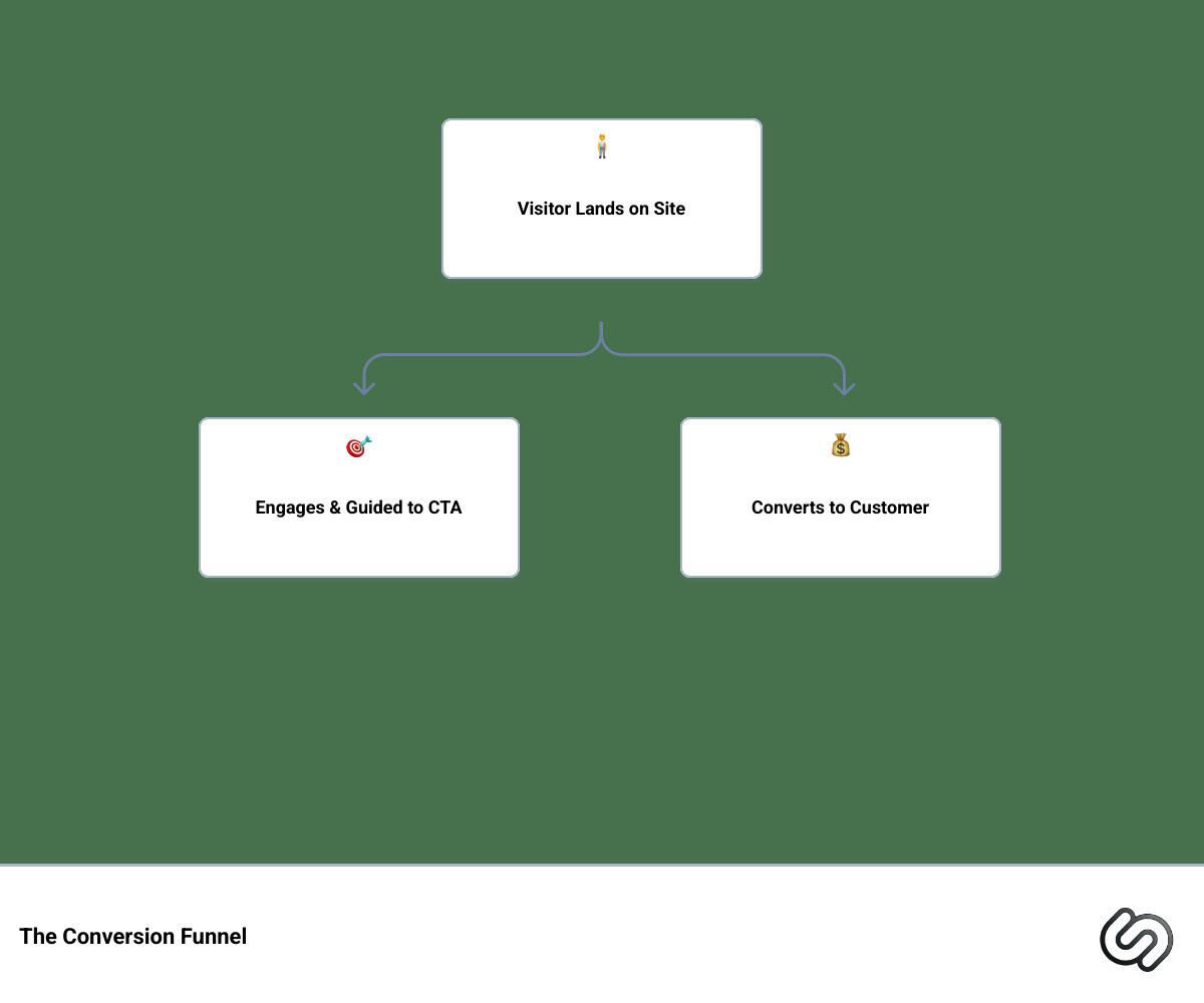 Infographic showing the conversion funnel: Visitor lands on site → Engages with clear value proposition → Follows visual hierarchy to CTA → Takes action (form submission, purchase, booking) → Becomes customer. Key elements at each stage: fast load time and mobile optimization, trust signals and minimal distractions, prominent CTA with action-oriented copy, confirmation and follow-up. - Conversion focused web design infographic hierarchy