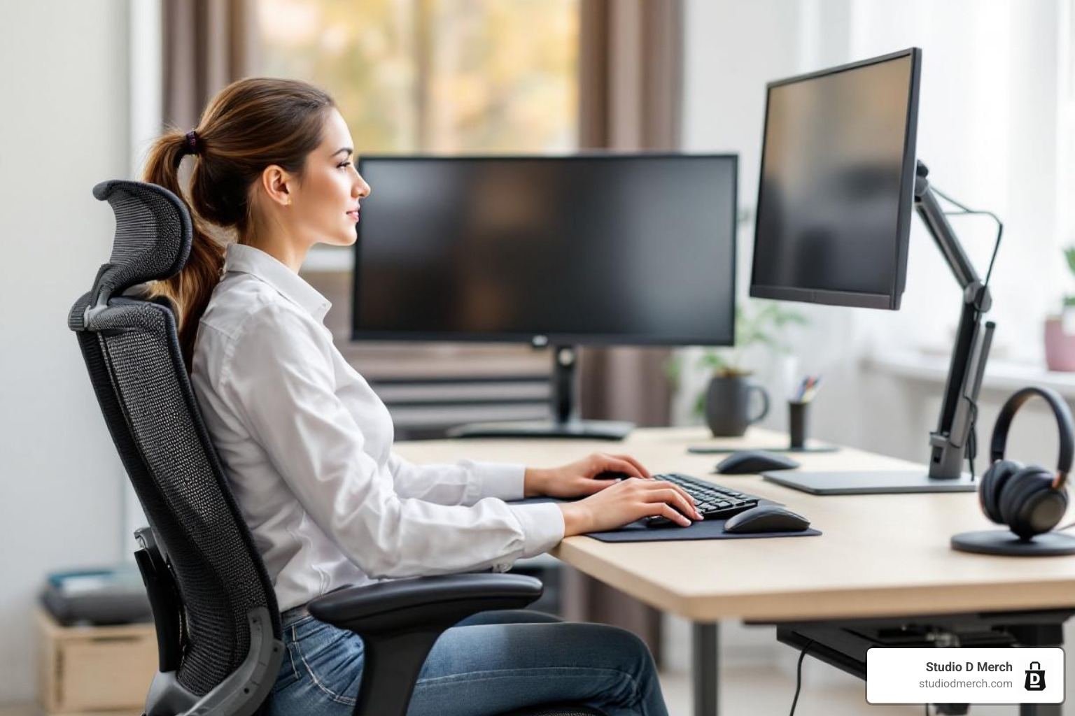A person comfortably working at an ergonomic desk setup, highlighting good posture with an ergonomic chair, standing desk, and proper monitor height. - gifts for person working from home