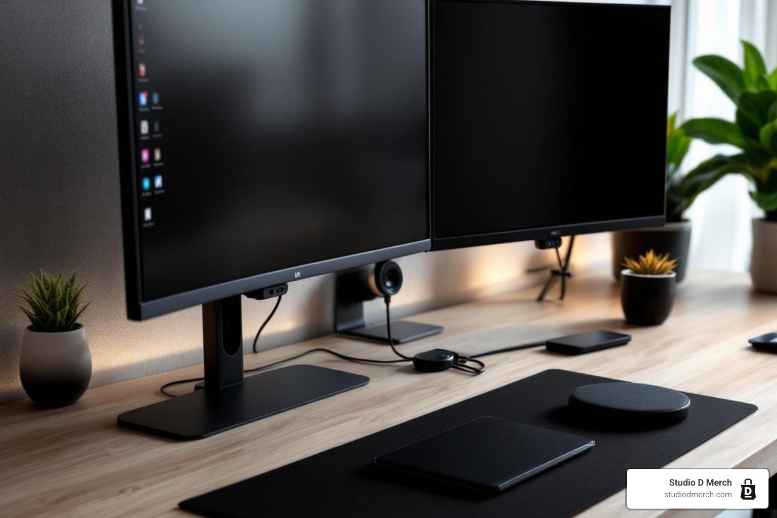 A clean desk with a dual monitor setup, high-quality webcam, and wireless charging pad, demonstrating a high-tech home office. - gifts for person working from home