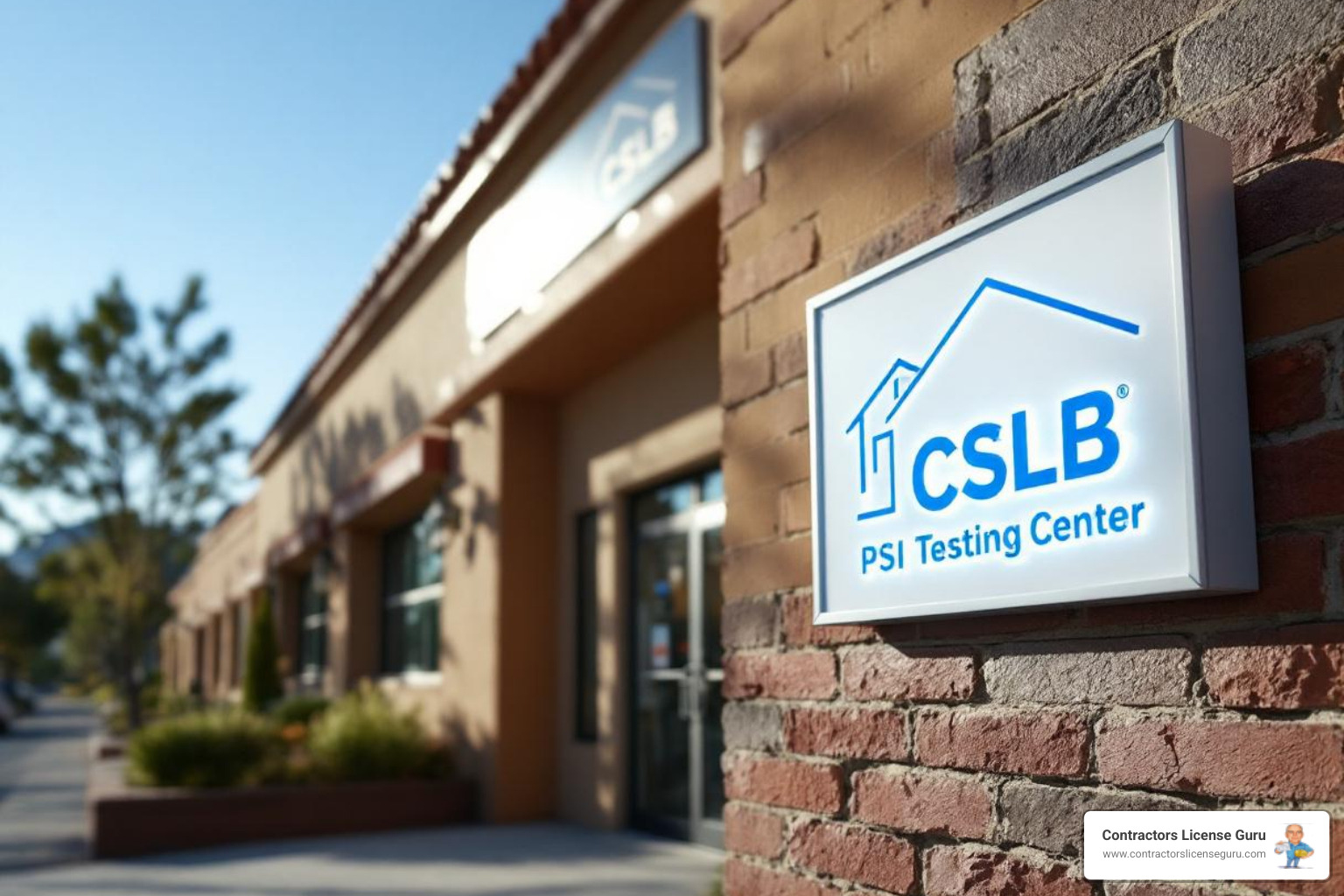 CSLB logo and a PSI testing center entrance - CSLB exam practice test