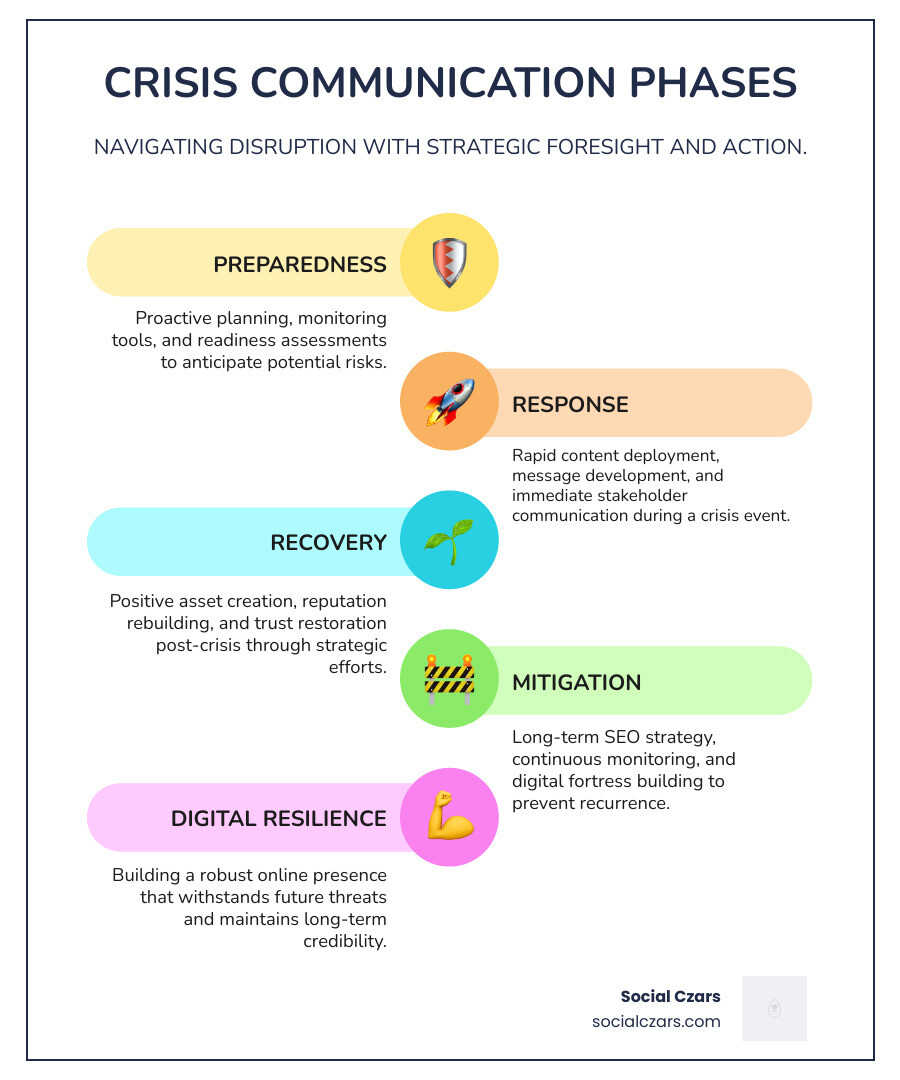 infographic showing crisis communications phases: preparedness with monitoring tools, response with rapid content deployment, recovery with positive asset creation, and mitigation with long-term seo strategy - Crisis Communications Agencies for Google Search Results infographic infographic-line-5-steps-colors