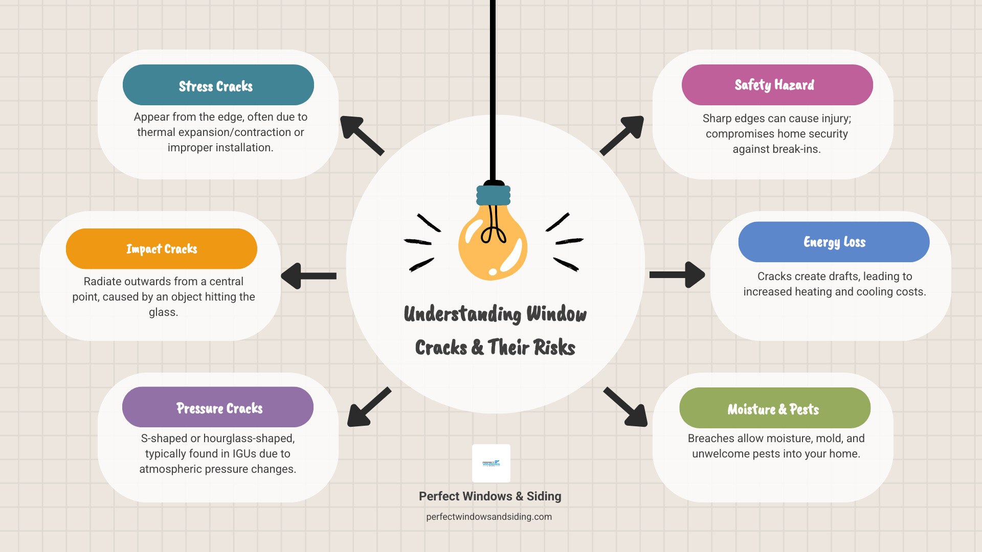 Infographic explaining the three main types of window cracks: stress, impact, and pressure cracks. Stress cracks appear from the edge, often due to temperature changes. Impact cracks radiate outwards from a central point, caused by an object hitting the glass. Pressure cracks are S-shaped or hourglass-shaped, typically found in insulated glass units due to atmospheric pressure changes. - cracked window replacement infographic brainstorm-6-items Infographic explaining the three main types of window cracks: stress, impact, and pressure cracks. Stress cracks appear from the edge, often due to temperature changes. Impact cracks radiate outwards from a central point, caused by an object hitting the glass. Pressure cracks are S-shaped or hourglass-shaped, typically found in insulated glass units due to atmospheric pressure changes. - cracked window replacement infographic brainstorm-6-items