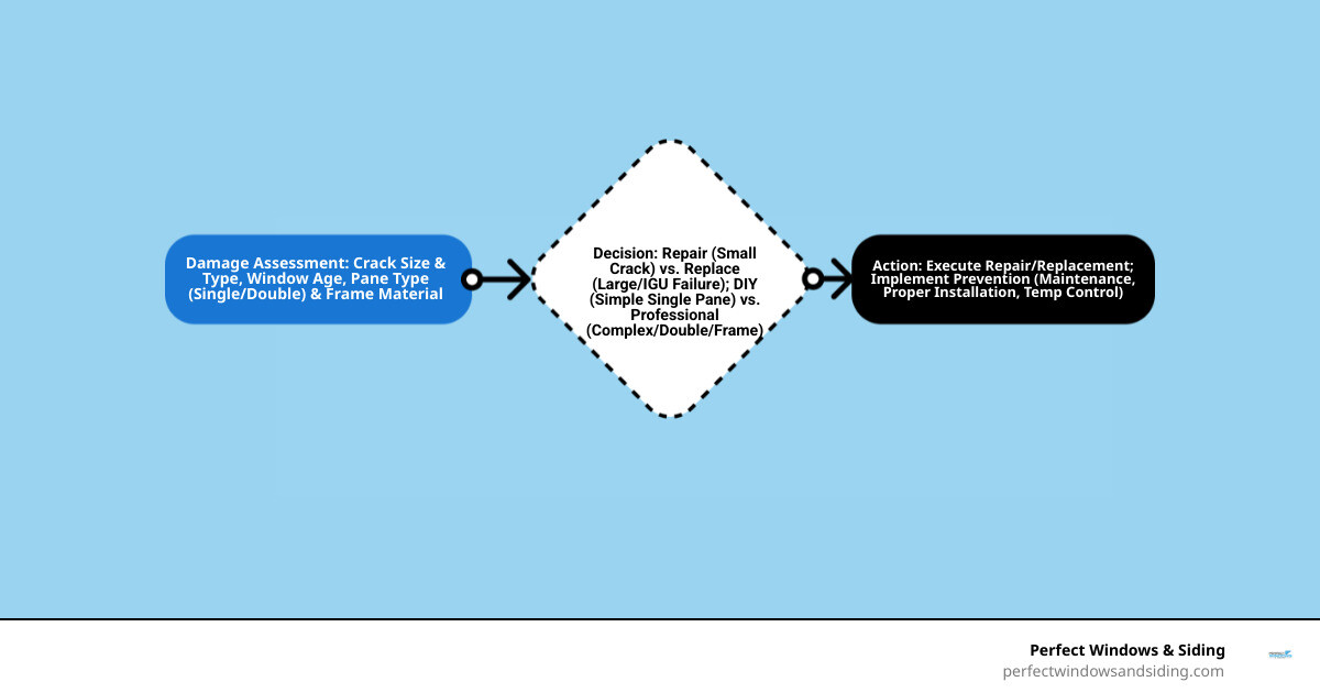 Infographic showing the complete cracked window replacement decision process: starting with damage assessment (measuring crack size and location), followed by decision points for repair vs replace based on crack type (stress, impact, pressure), window age, and pane type (single vs double), then branching into DIY steps for wood/vinyl/aluminum frames or professional service options, and ending with prevention tips including proper installation, temperature control, and regular maintenance checks - cracked window replacement infographic flowmap_simple Infographic showing the complete cracked window replacement decision process: starting with damage assessment (measuring crack size and location), followed by decision points for repair vs replace based on crack type (stress, impact, pressure), window age, and pane type (single vs double), then branching into DIY steps for wood/vinyl/aluminum frames or professional service options, and ending with prevention tips including proper installation, temperature control, and regular maintenance checks - cracked window replacement infographic flowmap_simple