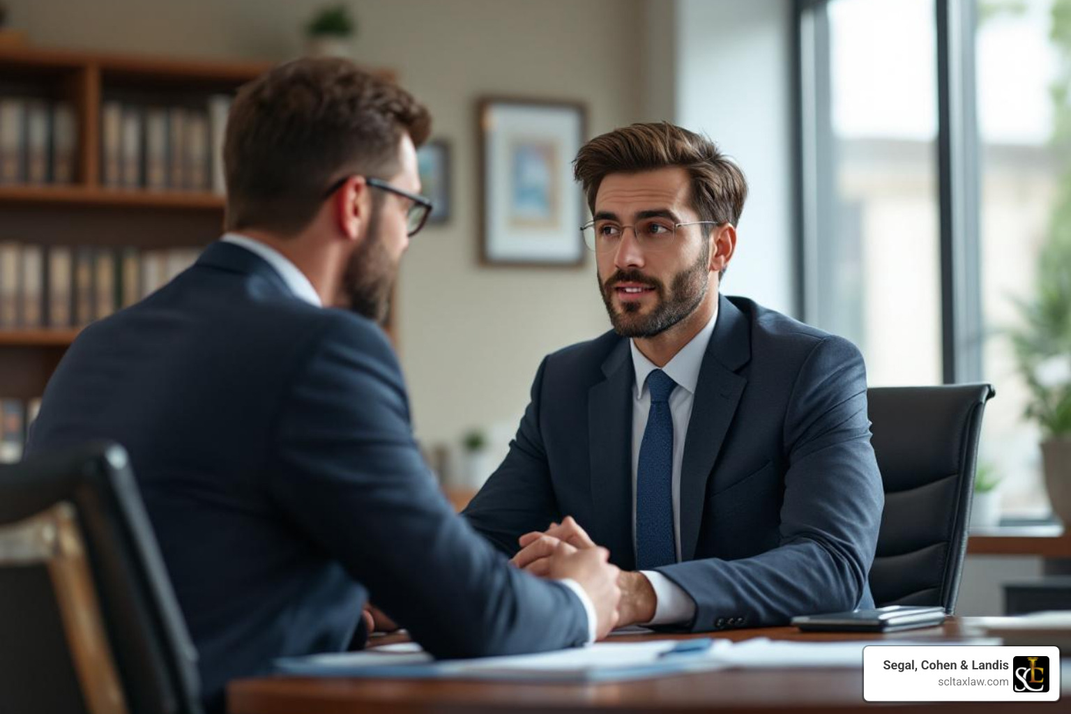 lawyer confidently negotiating with IRS agent - tax lien lawyers near me