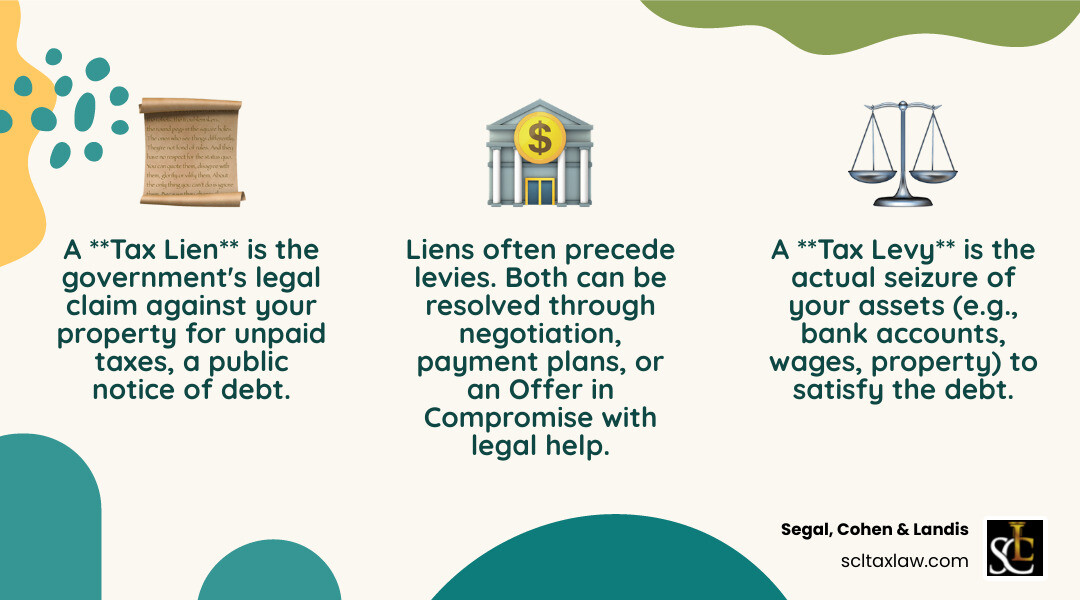 infographic showing the key differences between a tax lien (government's legal claim on property) and a tax levy (actual seizure of property), including timelines, what triggers each action, and typical resolution options - tax lien lawyers near me infographic 3_facts_emoji_nature