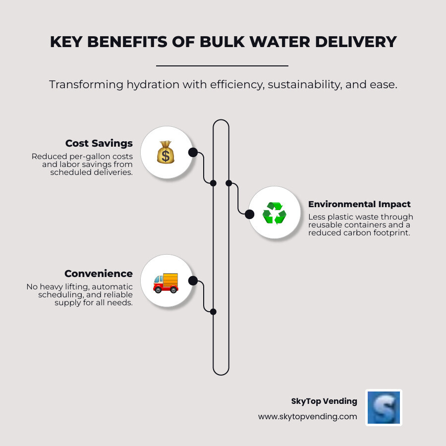 Infographic showing the three key benefits of bulk drinking water delivery: Cost Savings (reduced per-gallon costs and labor savings from scheduled deliveries), Environmental Impact (less plastic waste through reusable containers and reduced carbon footprint), and Convenience (no heavy lifting, automatic scheduling, and reliable supply for homes, offices, construction sites, and emergency situations) - bulk drinking water delivery infographic infographic-line-3-steps-elegant_beige