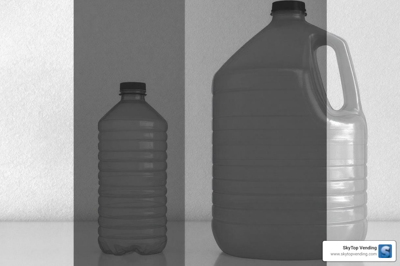 Image comparing a single-use plastic water bottle to a large, reusable 5-gallon water jug - bulk drinking water delivery