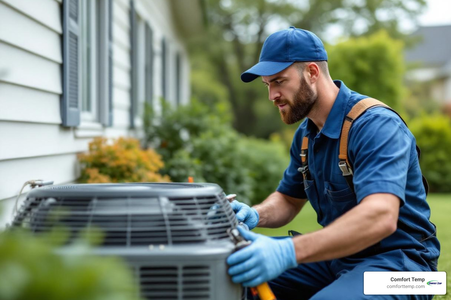 technician in a blue uniform performing routine maintenance on an outdoor heat pump unit - electric furnace and heat pump technician in a blue uniform performing routine maintenance on an outdoor heat pump unit - electric furnace and heat pump