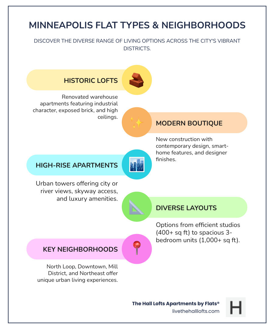 Infographic showing Minneapolis flat types: Historic Lofts (warehouse conversions with exposed brick and industrial features), Modern Boutique Buildings (new construction with contemporary design), High-Rise Apartments (towers with city views and skyway access), and common layouts from studios to three-bedrooms, with neighborhood highlights for North Loop, Downtown, Mill District, and Northeast areas - flats in minneapolis infographic infographic-line-5-steps-colors