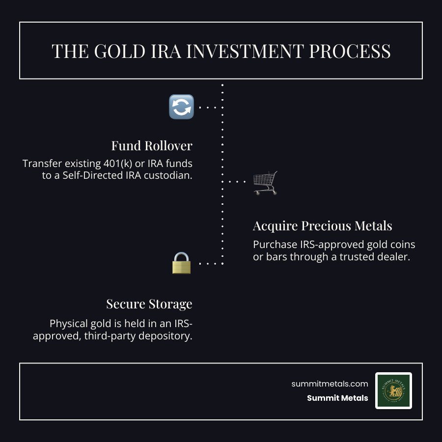 infographic showing the gold IRA process: starting with existing 401k or IRA, rolling over funds to a self-directed IRA custodian, purchasing IRS-approved gold coins or bars through a dealer, and storing them in a secure IRS-approved depository, with icons for each step and arrows showing the flow - ira investing in gold infographic infographic-line-3-steps-dark infographic showing the gold IRA process: starting with existing 401k or IRA, rolling over funds to a self-directed IRA custodian, purchasing IRS-approved gold coins or bars through a dealer, and storing them in a secure IRS-approved depository, with icons for each step and arrows showing the flow - ira investing in gold infographic infographic-line-3-steps-dark