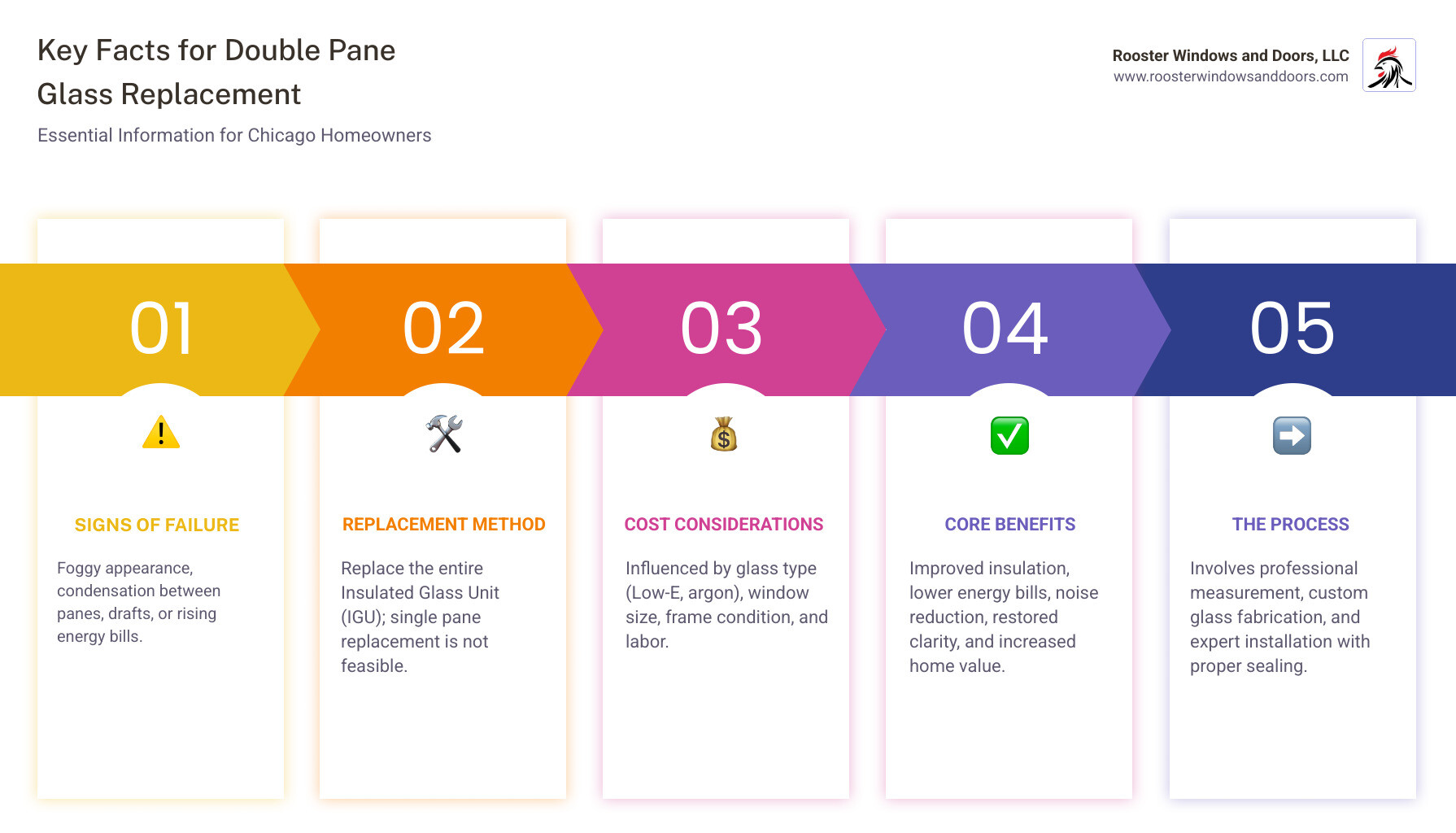 infographic showing the anatomy of a double pane insulated glass unit with labeled components: outer glass pane, inner glass pane, spacer bar between panes, hermetic seal around edges, argon or krypton gas fill in the chamber, and optional Low-E coating on glass surface - double pane window glass replacement chicago il infographic pillar-5-steps