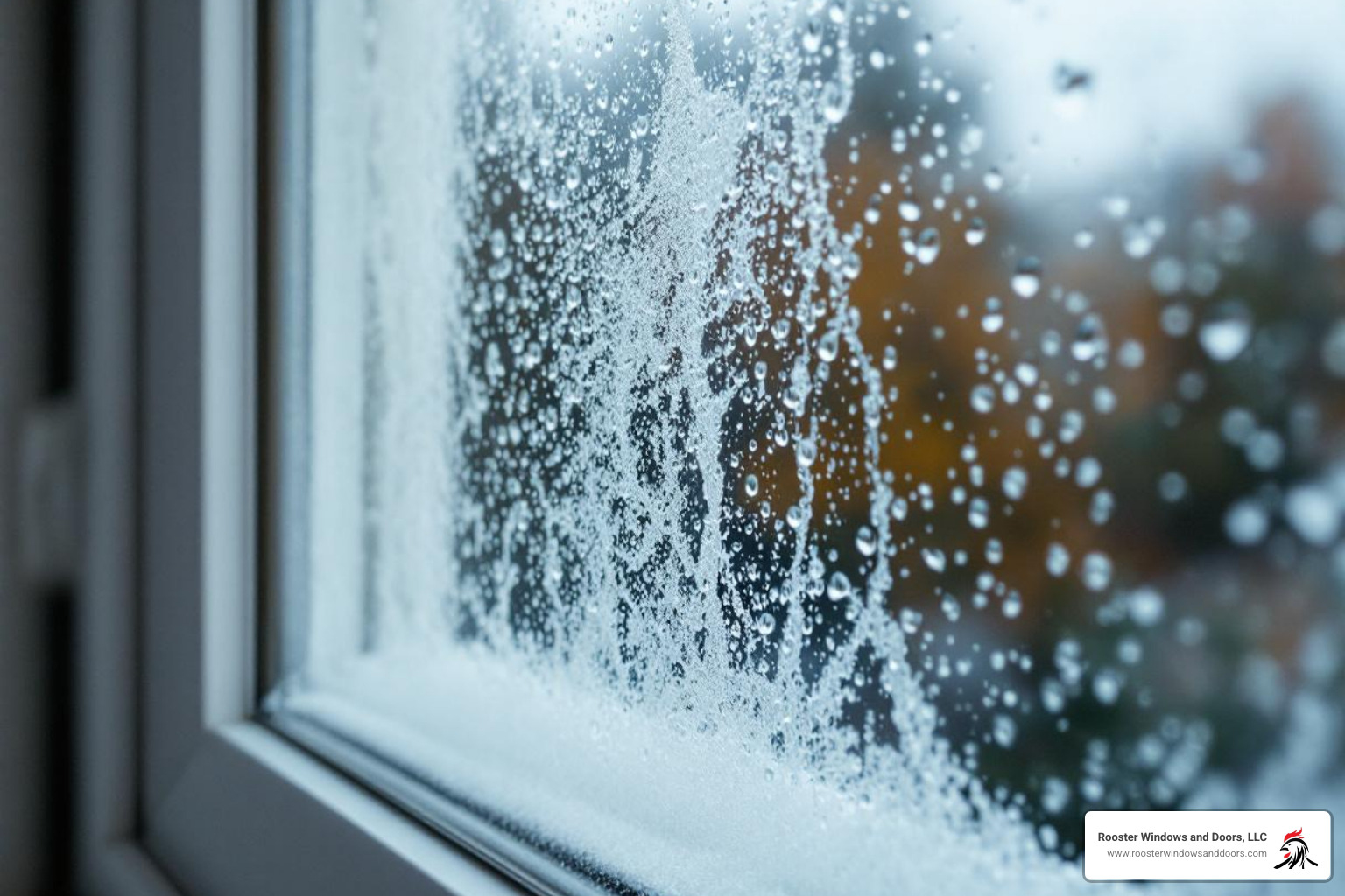 close-up on a foggy window with condensation trapped between the glass panes - double pane window glass replacement chicago il