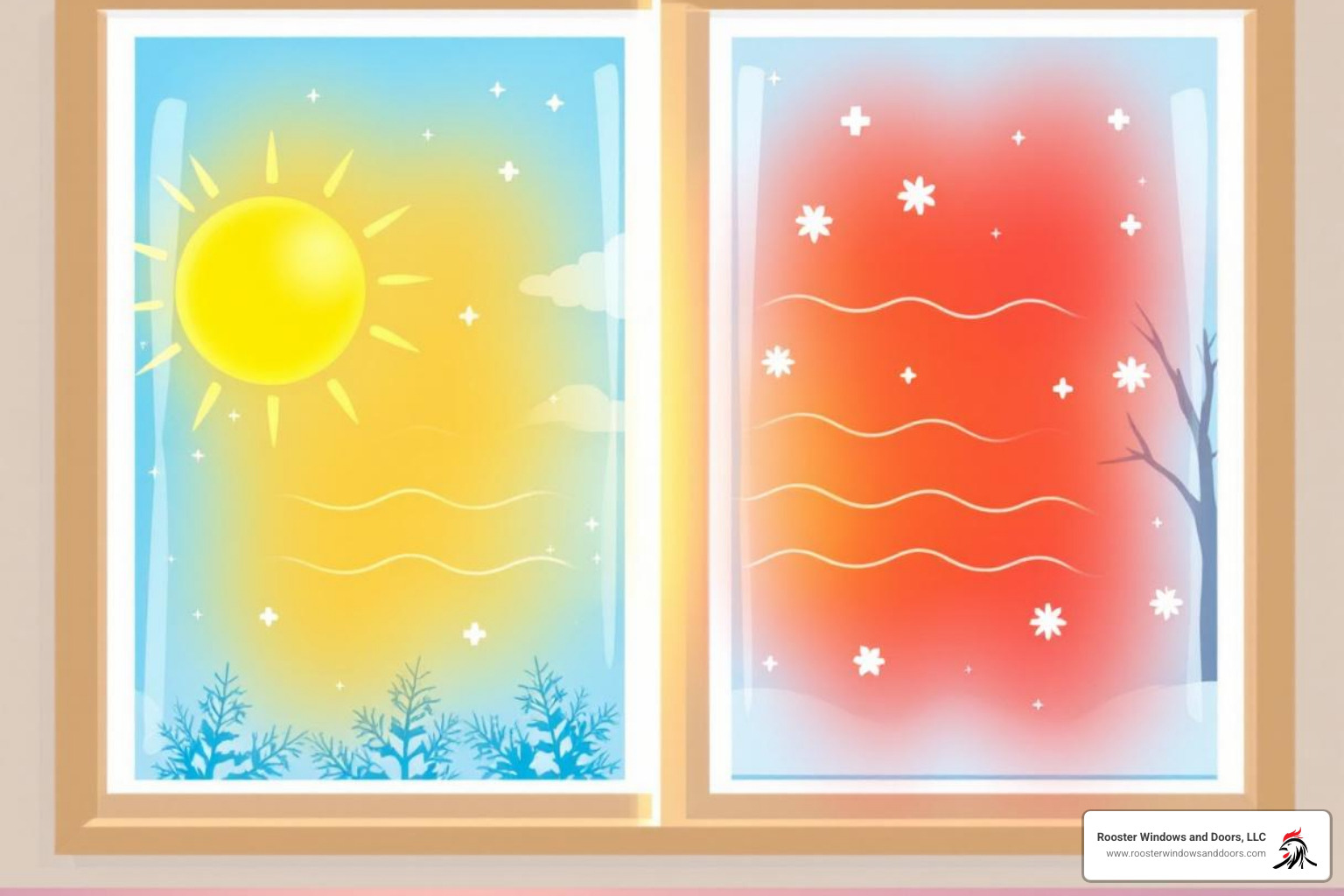 diagram showing how Low-E coating reflects heat in summer and retains it in winter - double pane window glass replacement chicago il