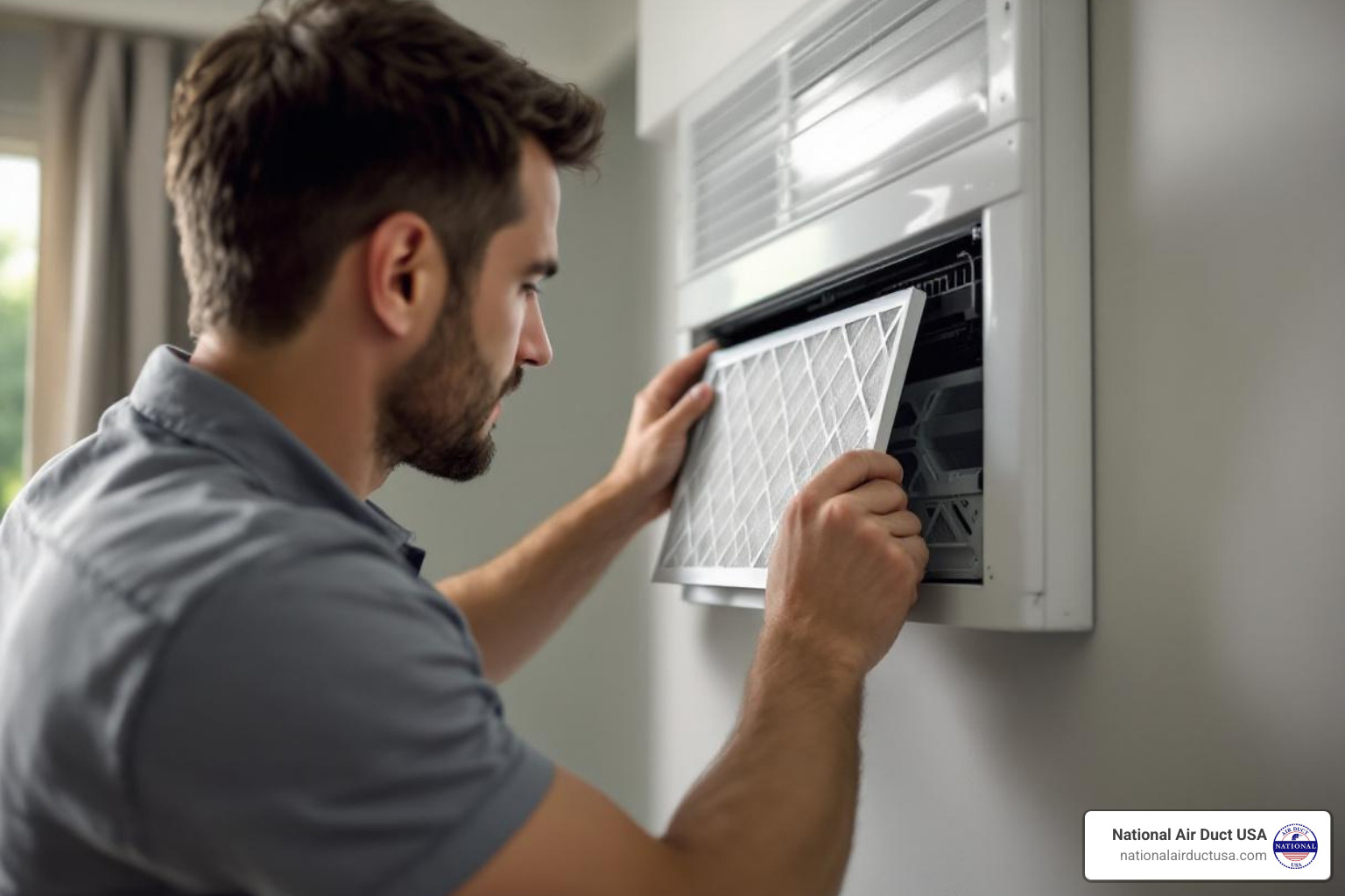 person changing hvac filter - allergy relief duct cleaning