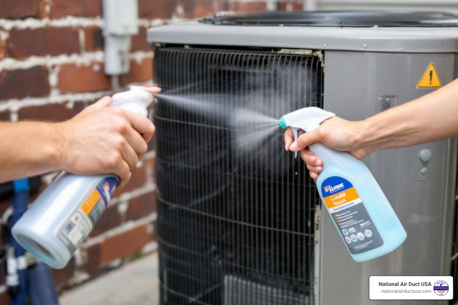 Person safely spraying foaming cleaner onto an outdoor AC unit's coils - air conditioner foaming coil cleaner