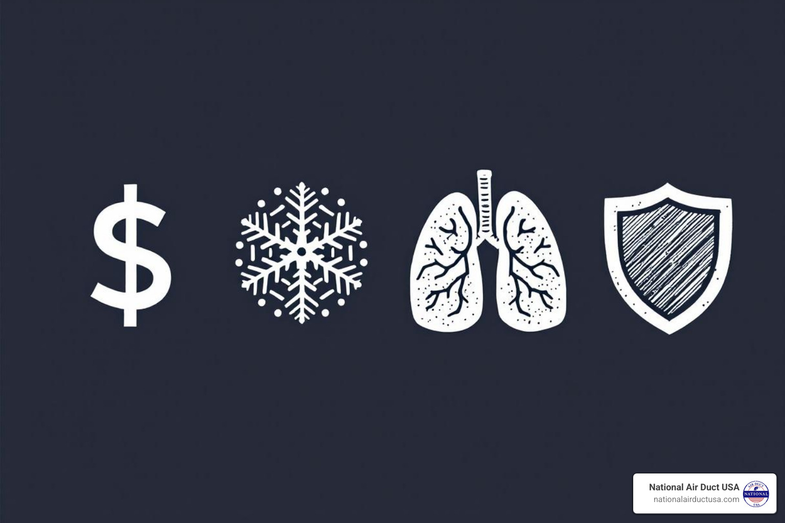 Icon-based graphic showing: dollar sign (savings), snowflake (cooling), lung (air quality), shield (longevity) - air conditioner foaming coil cleaner