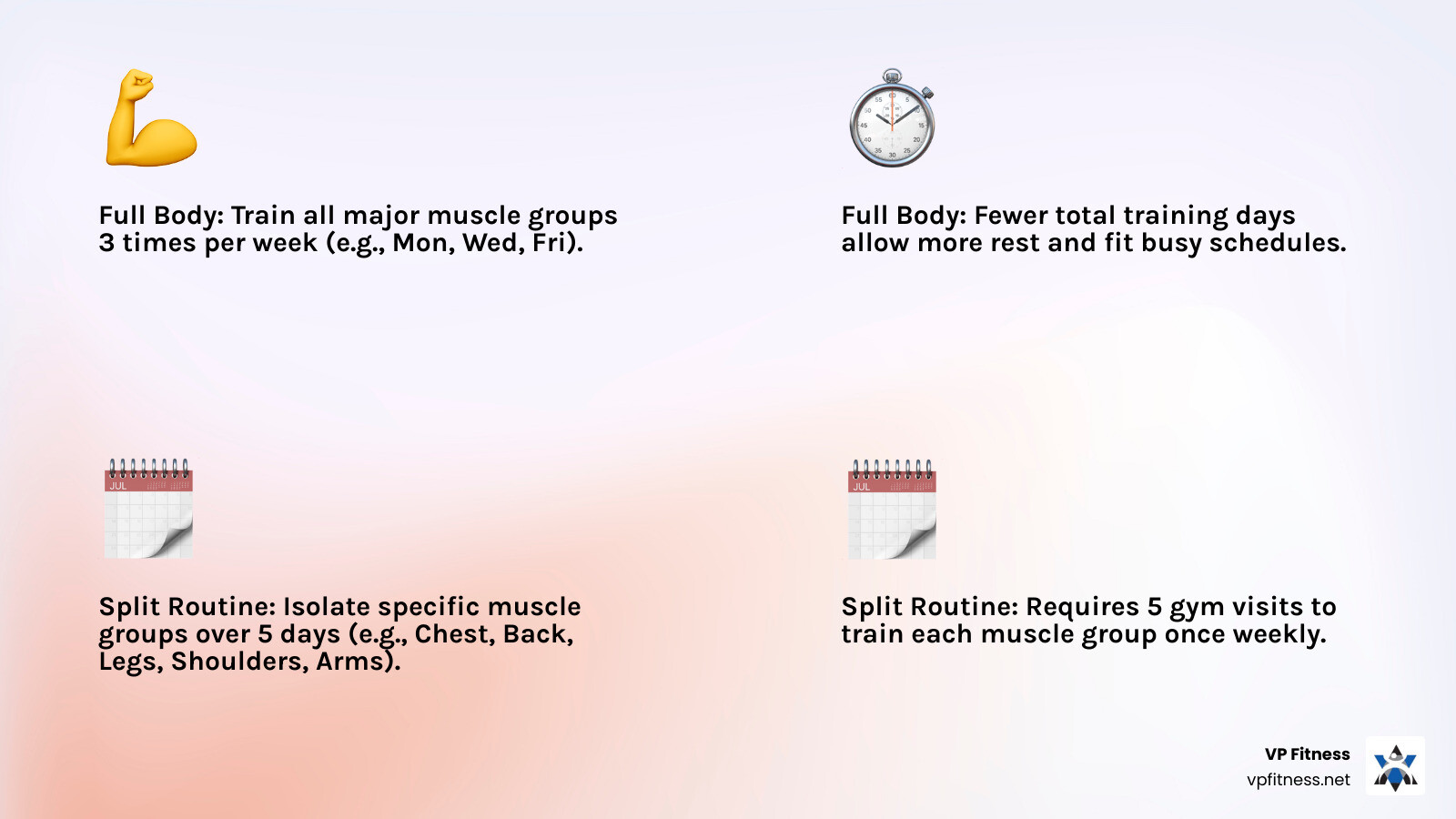 infographic comparing 3-day full body workout schedule showing Monday/Wednesday/Friday training all muscle groups versus 5-day split showing Monday chest, Tuesday back, Wednesday legs, Thursday shoulders, Friday arms - full body workouts infographic 4_facts_emoji_light-gradient infographic comparing 3-day full body workout schedule showing Monday/Wednesday/Friday training all muscle groups versus 5-day split showing Monday chest, Tuesday back, Wednesday legs, Thursday shoulders, Friday arms - full body workouts infographic 4_facts_emoji_light-gradient
