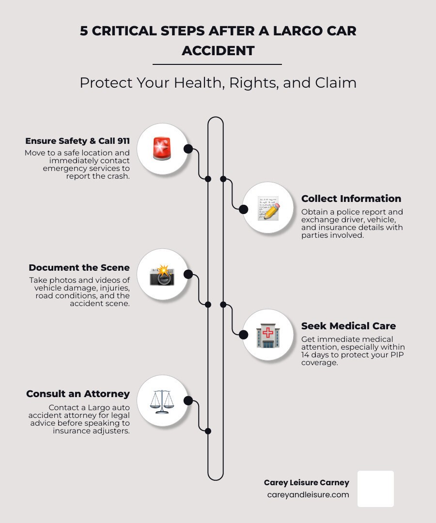Infographic showing 5 critical steps after a Largo car accident: 1. Move to safety and call 911 immediately, 2. Obtain police report and exchange driver information, 3. Take photos of vehicles, injuries, and accident scene, 4. Seek medical treatment within 14 days to protect PIP coverage, 5. Contact a Largo auto accident attorney before speaking to insurance adjusters - Auto accident attorney Largo infographic infographic-line-5-steps-elegant_beige