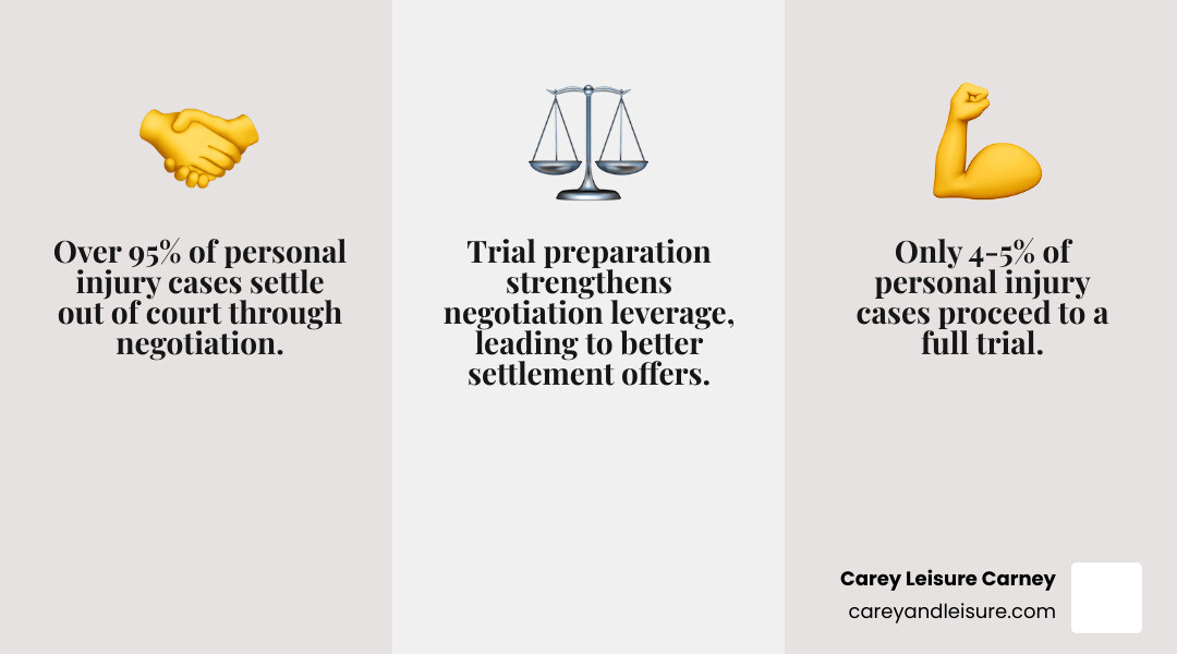 Infographic showing personal injury case outcomes: 95-96% settle out of court through negotiation, 4-5% go to trial, with arrows indicating that trial preparation strengthens settlement leverage - do personal injury lawyers go to court infographic 3_facts_emoji_grey