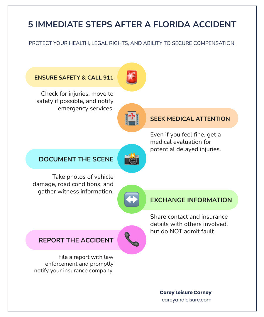 Infographic showing 5 immediate steps after a Florida accident: 1. Ensure safety and call 911 for injuries, 2. Seek medical attention even if you feel fine, 3. Document the scene with photos and gather witness information, 4. Exchange information but do not admit fault, 5. Report the accident to law enforcement and your insurance company - Florida accident attorney infographic infographic-line-5-steps-colors