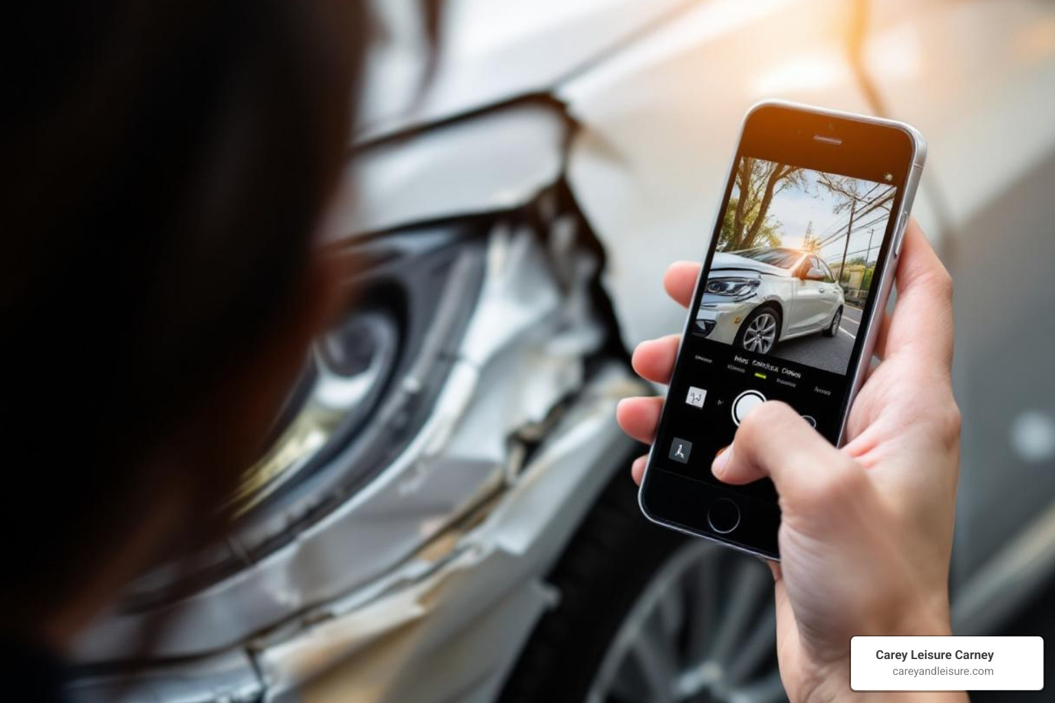 Person taking photos of car damage with their smartphone - Florida accident attorney