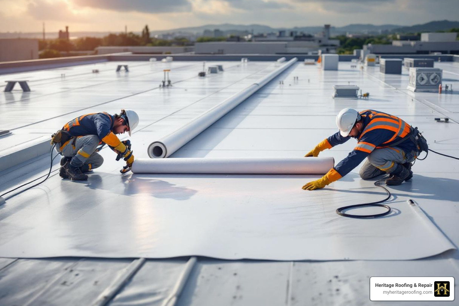 roofing crew professionally installing a TPO membrane on a large commercial roof - flat roofing contractors